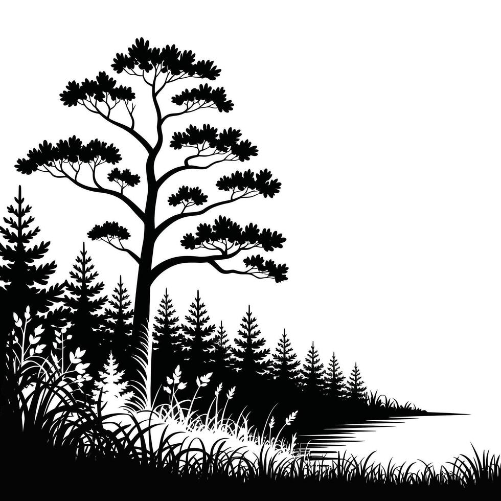 Silhouette of a tree and grass vector