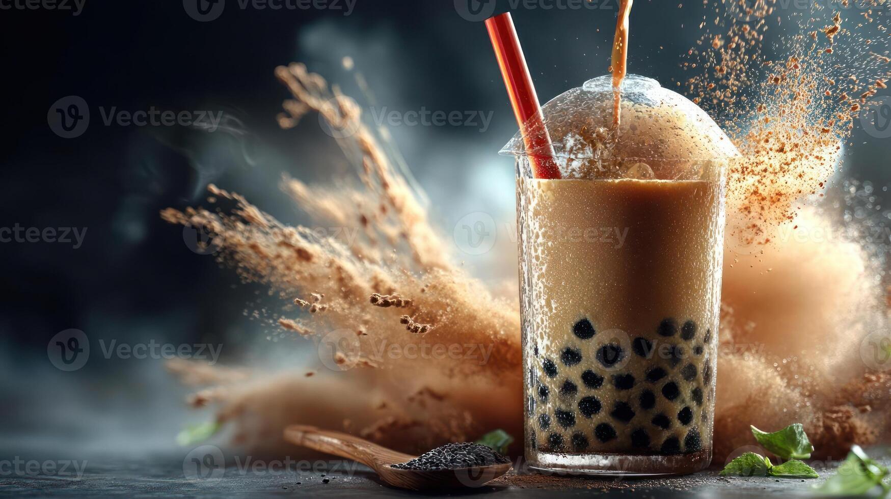 Bubble tea with dramatic splash, close-up, delicious drink. photo