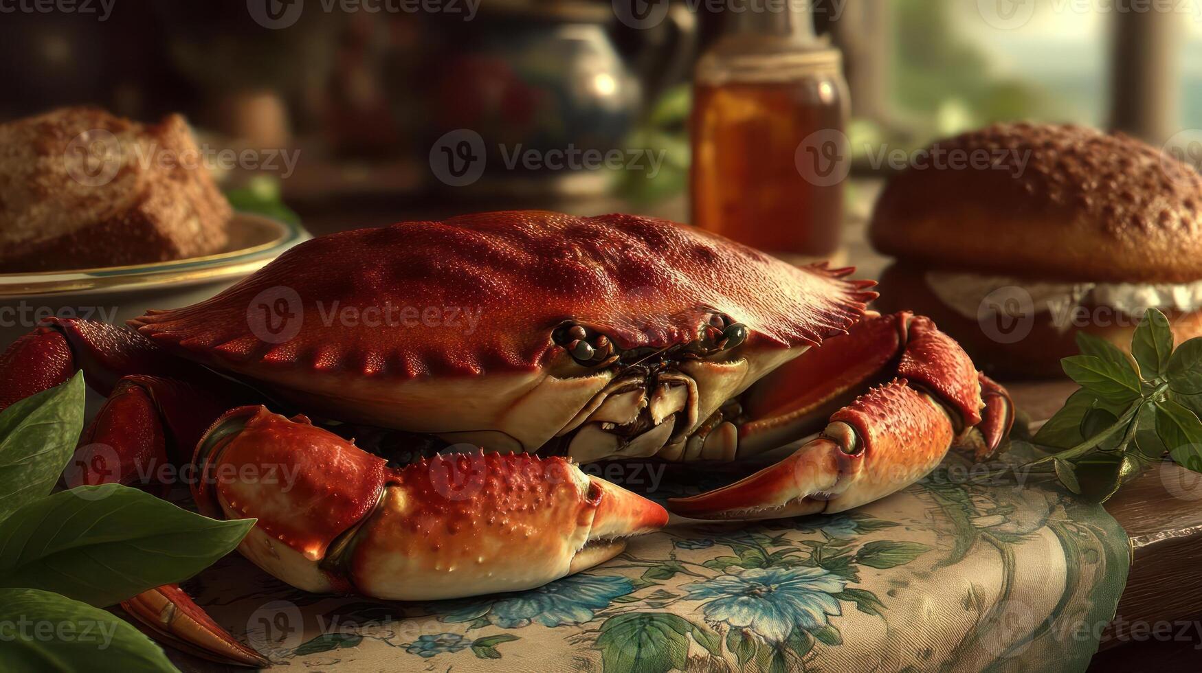 Delicious crab feast with herbs and a floral tablecloth. photo