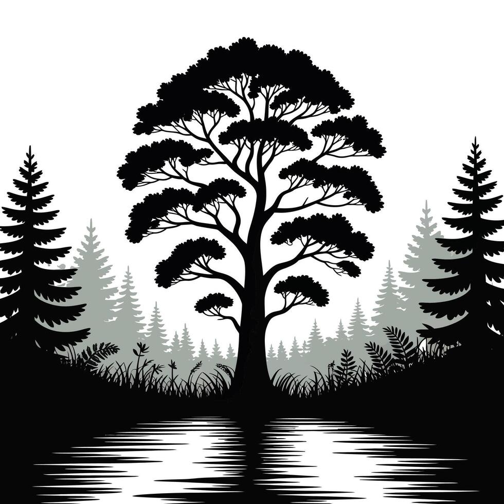 Tree silhouette in the forest vector