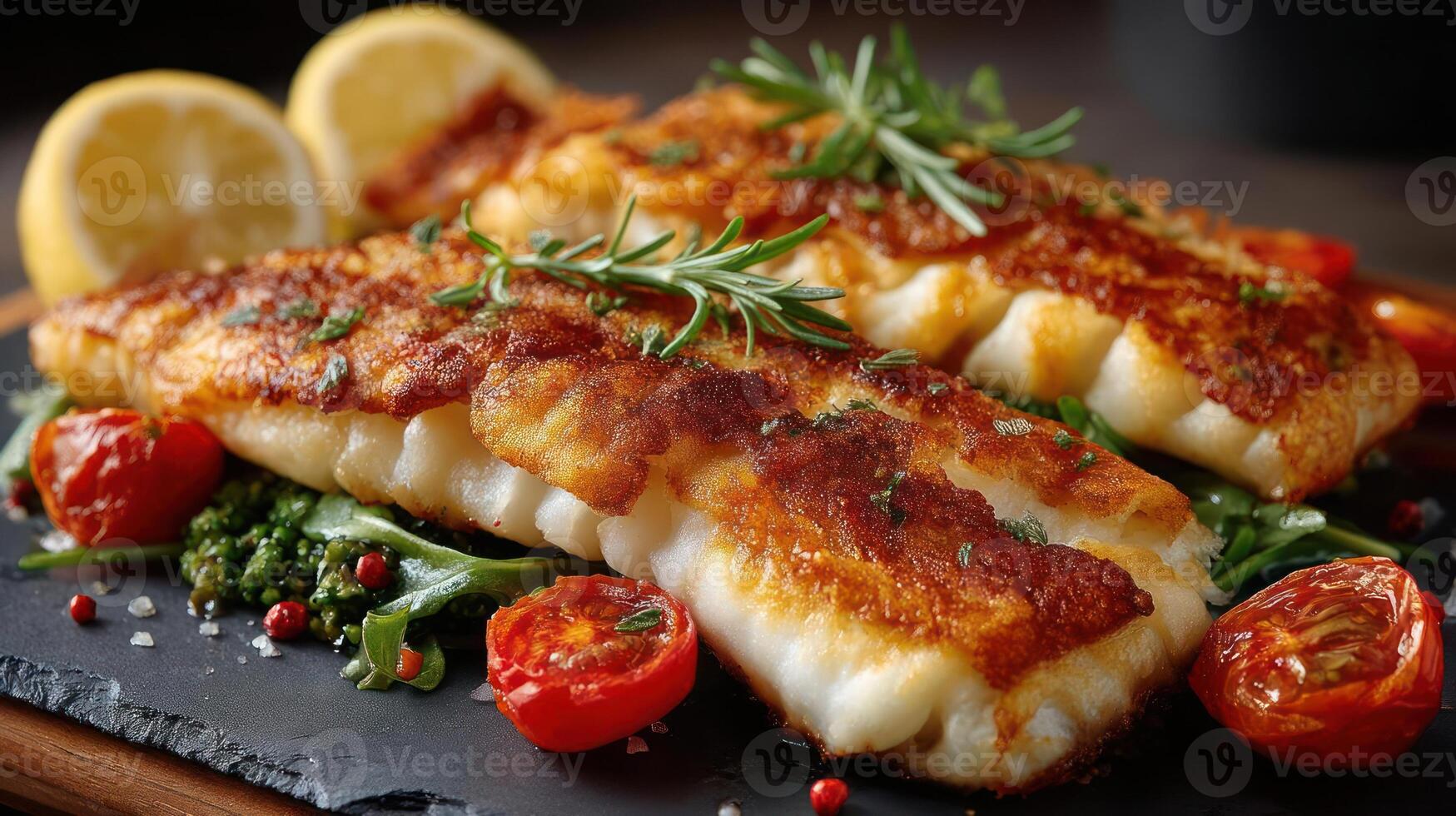 Delicious pan-fried fish with tomatoes and herbs. photo