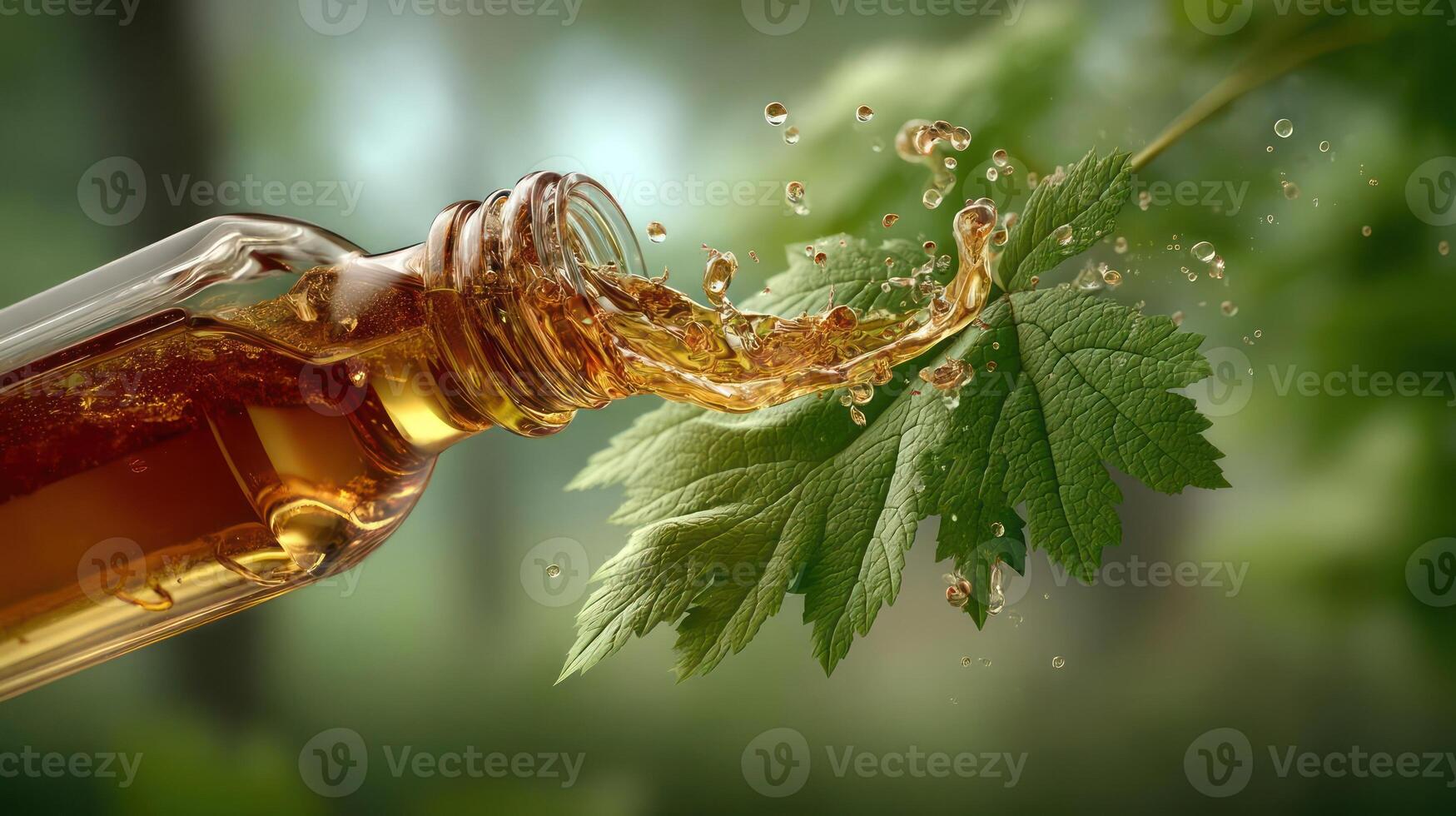 Liquid splash over a green leaf, close-up view. photo