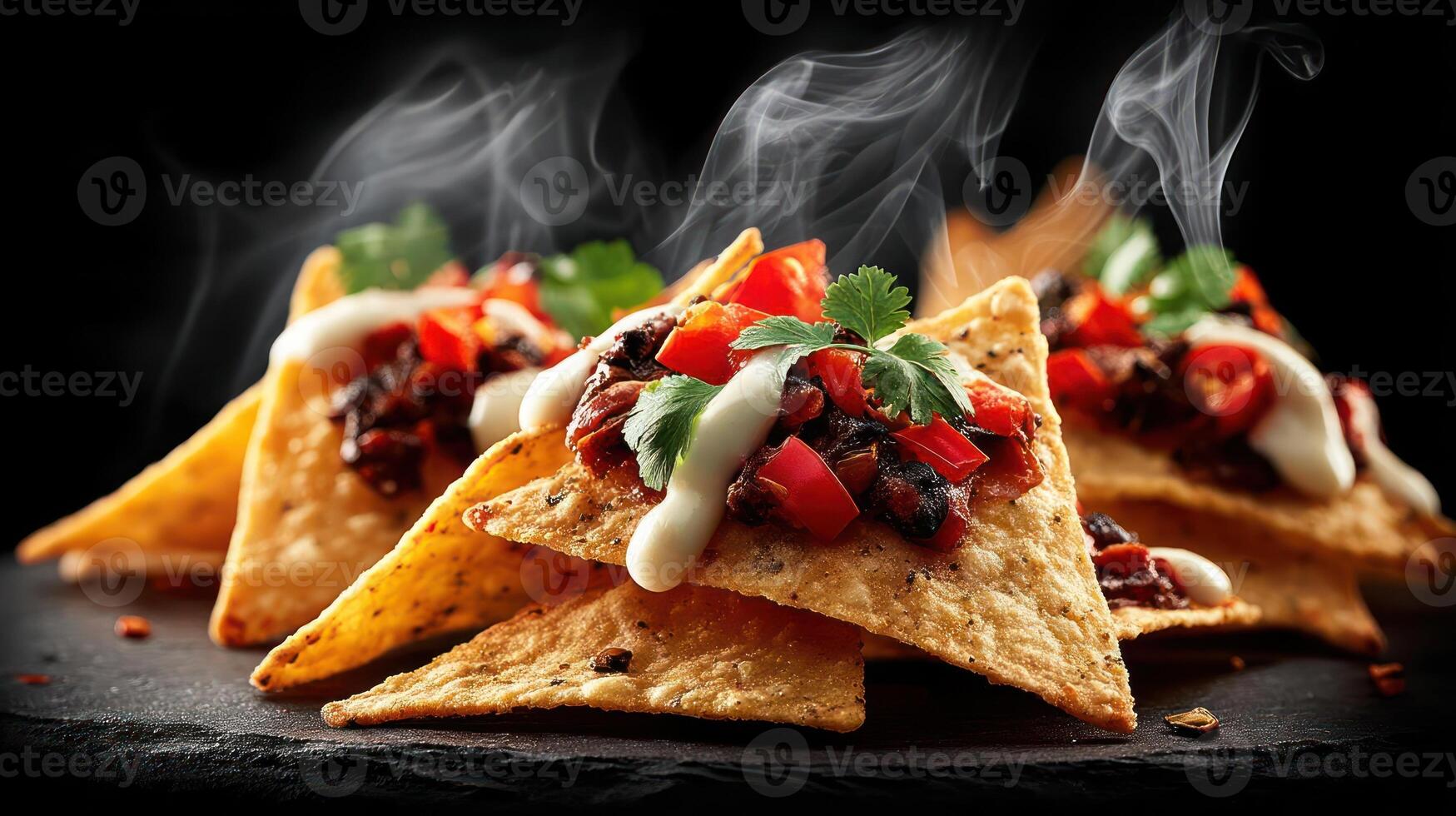 Delicious, spicy nachos with fresh toppings and a smoky aroma. photo