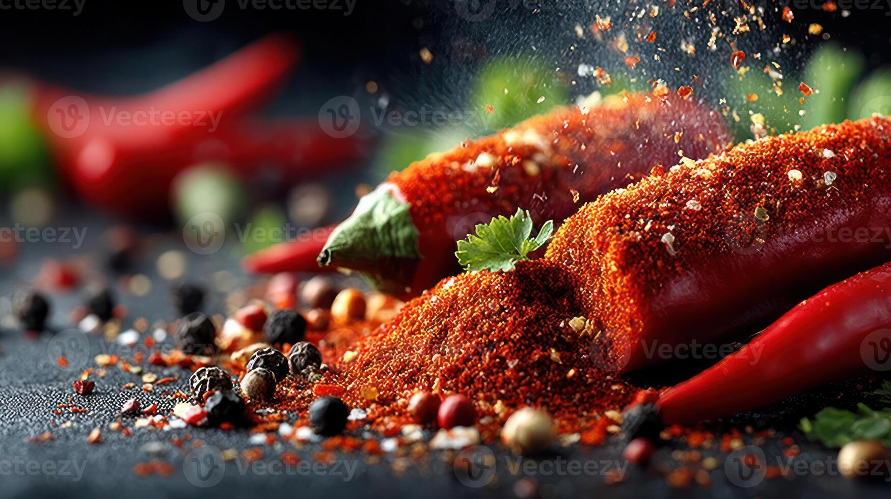 Chili peppers and spice, vibrant red, close-up food photography. photo