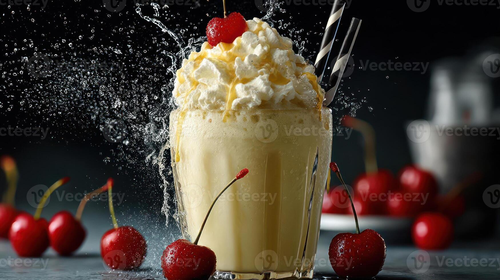 Creamy vanilla milkshake with cherries and whipped cream. photo