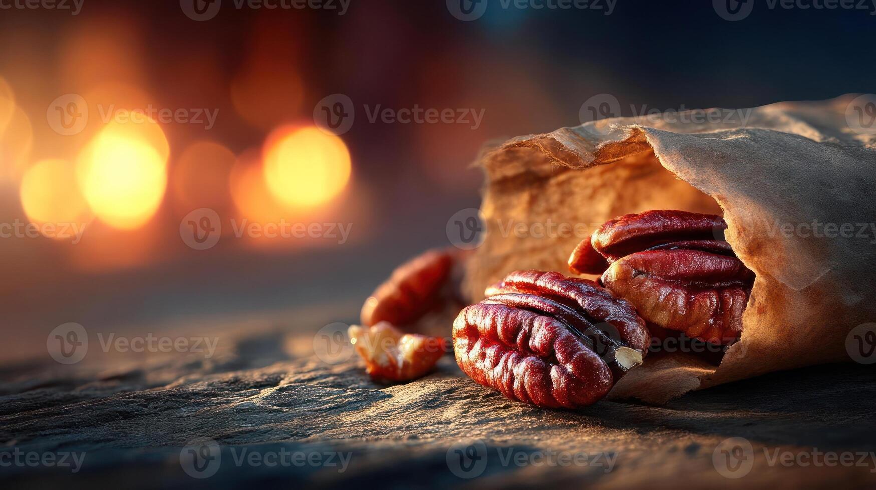 Roasted pecans spilling from a paper bag. photo