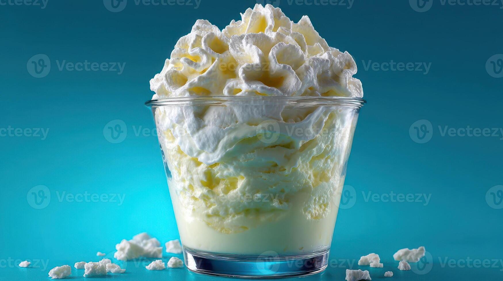 Popping corn in a glass, with scattered kernels. photo