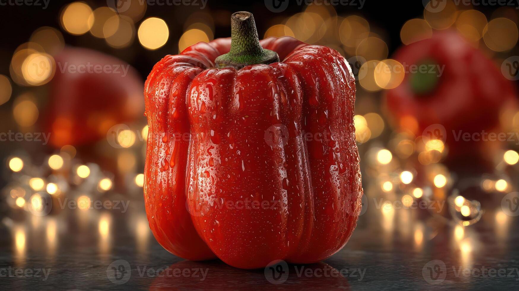 A vibrant red pepper with a bokeh background. photo