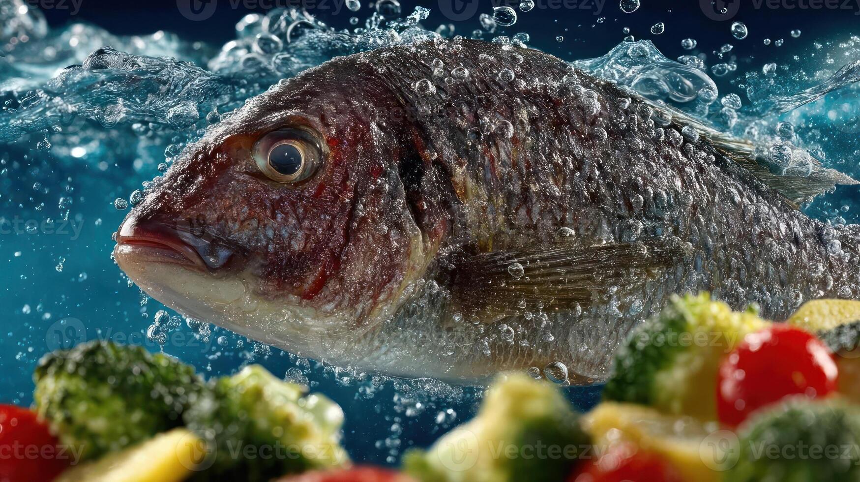 Close-up of a fish surrounded by vegetables, underwater. photo