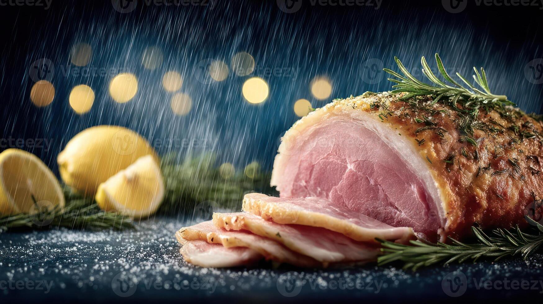 Roasted ham with lemon and rosemary, festive holiday dish. photo