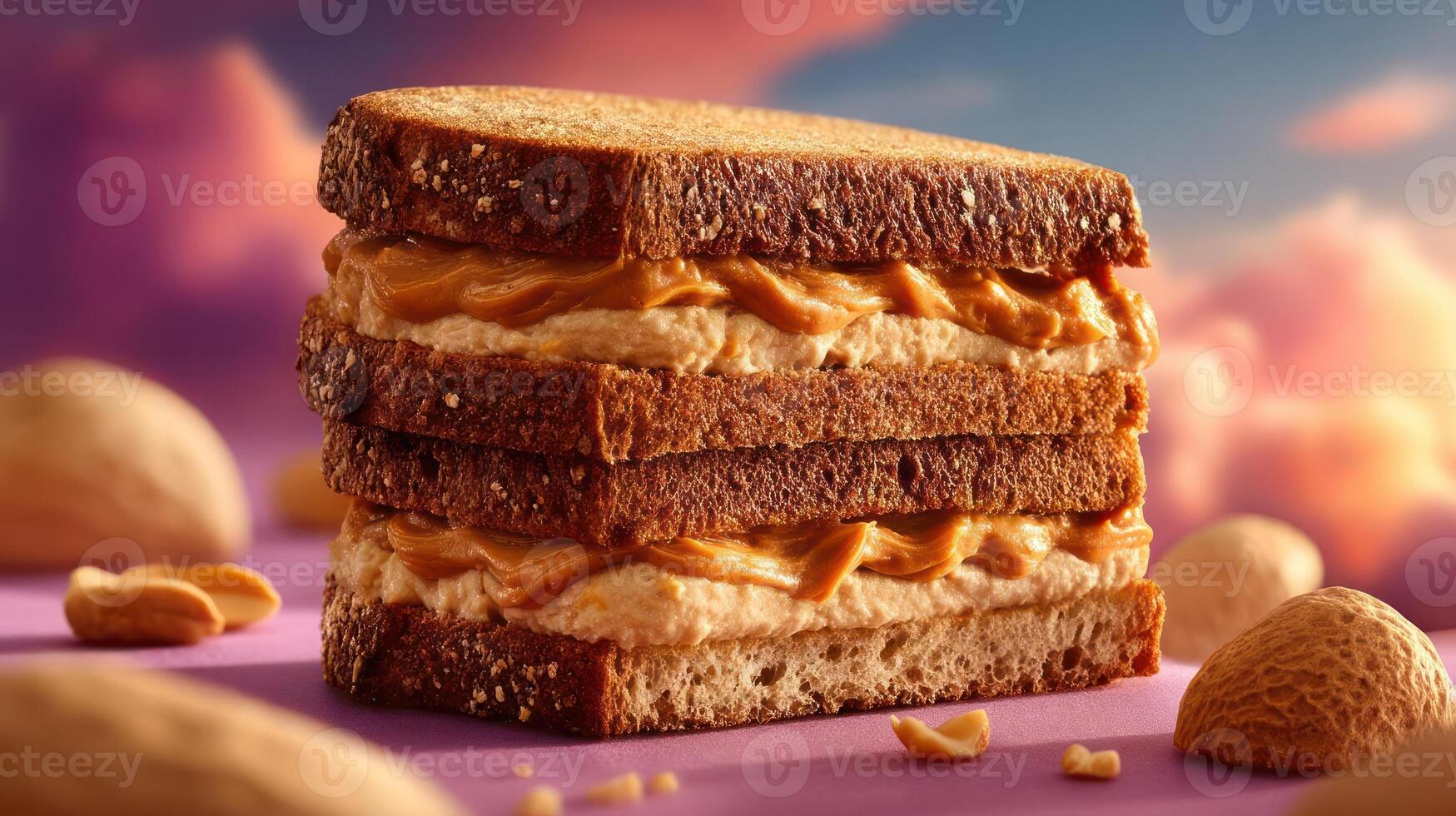 Close-up of a peanut butter sandwich with peanuts. photo