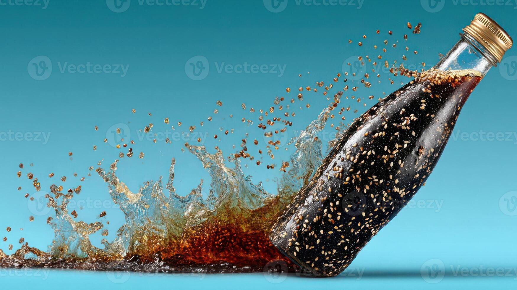 Soda bottle splash, refreshing drink, vibrant blue background. photo