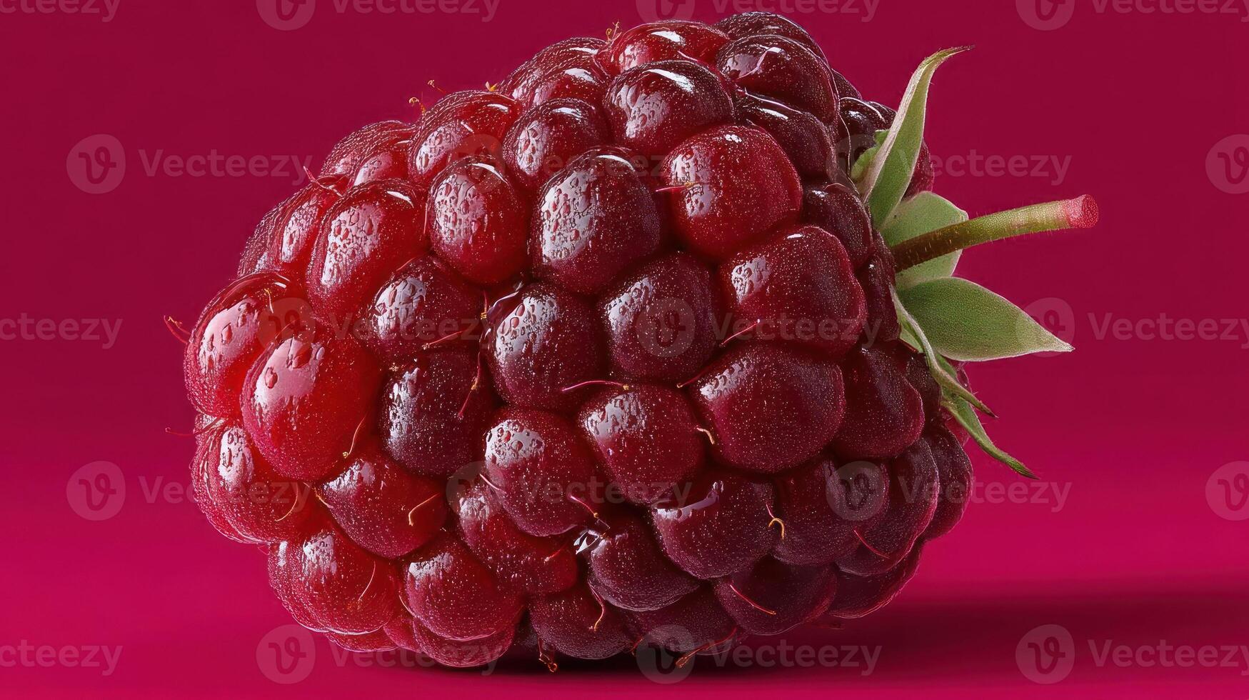 A vibrant, juicy raspberry with a green stem. photo