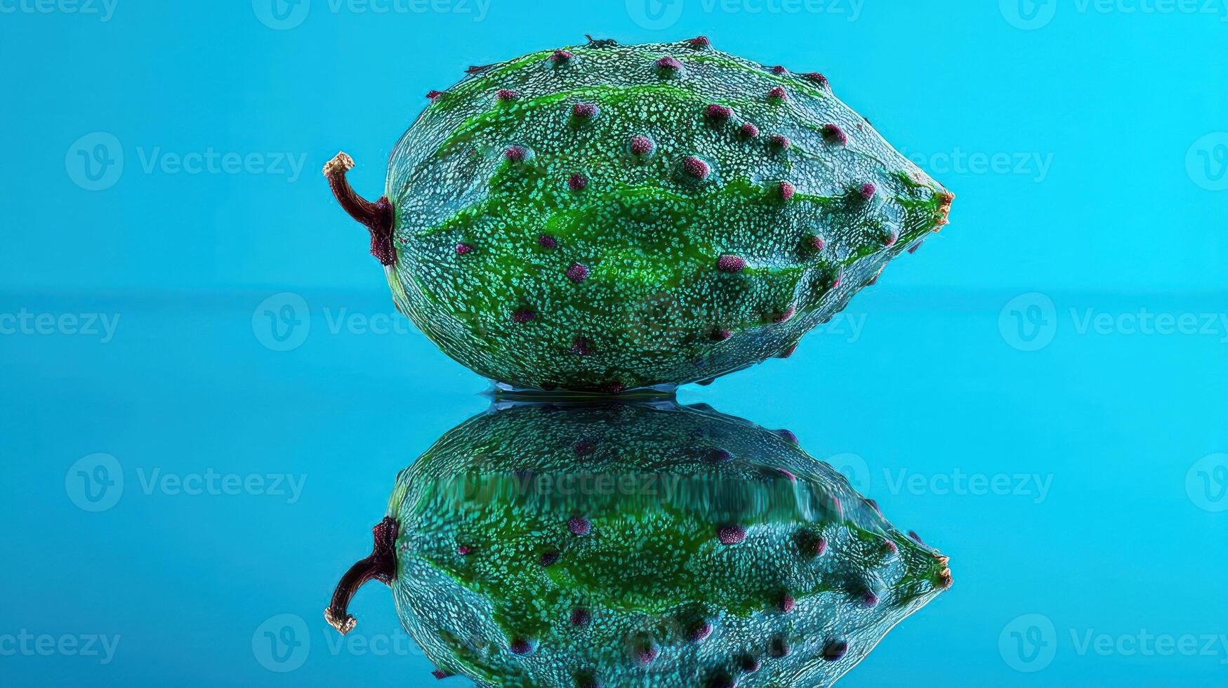 Close-up of a vibrant green, prickly fruit with a mirrored reflection. photo