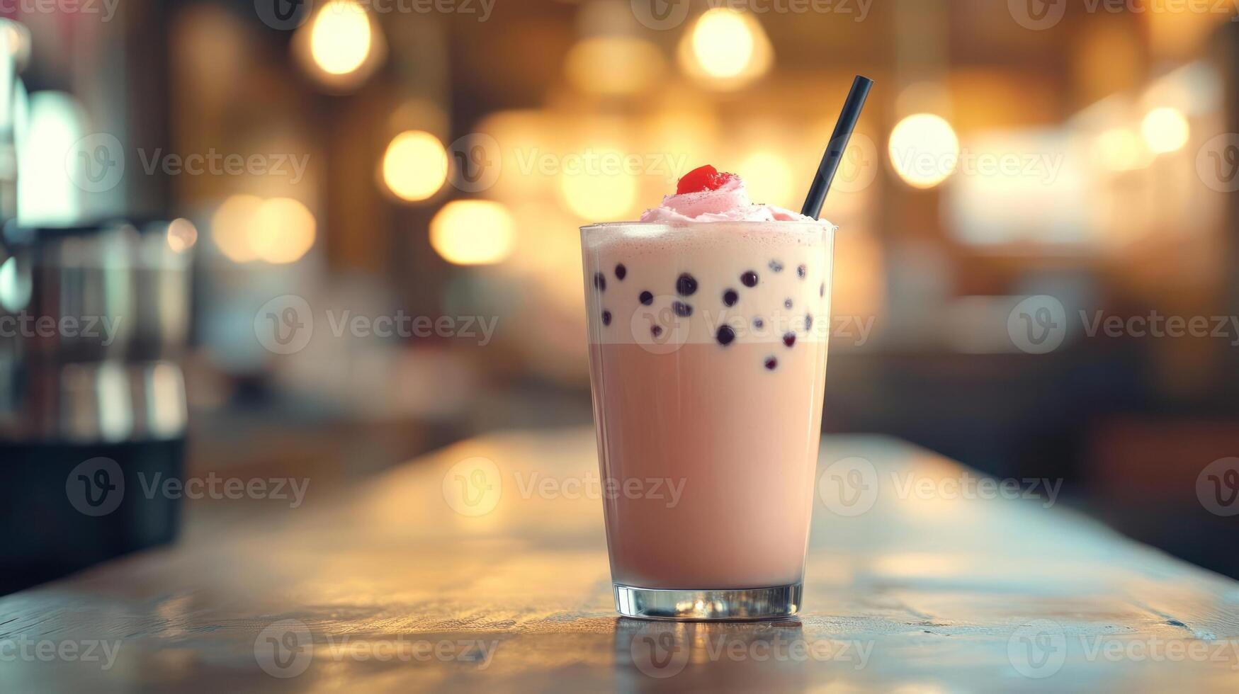 Strawberry bubble tea with whipped cream and a straw. photo