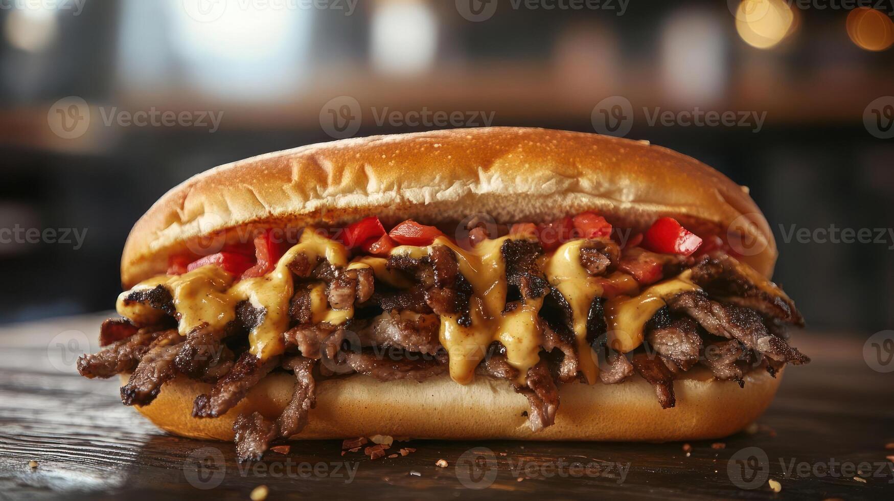 Delicious beef sandwich with vibrant toppings. photo