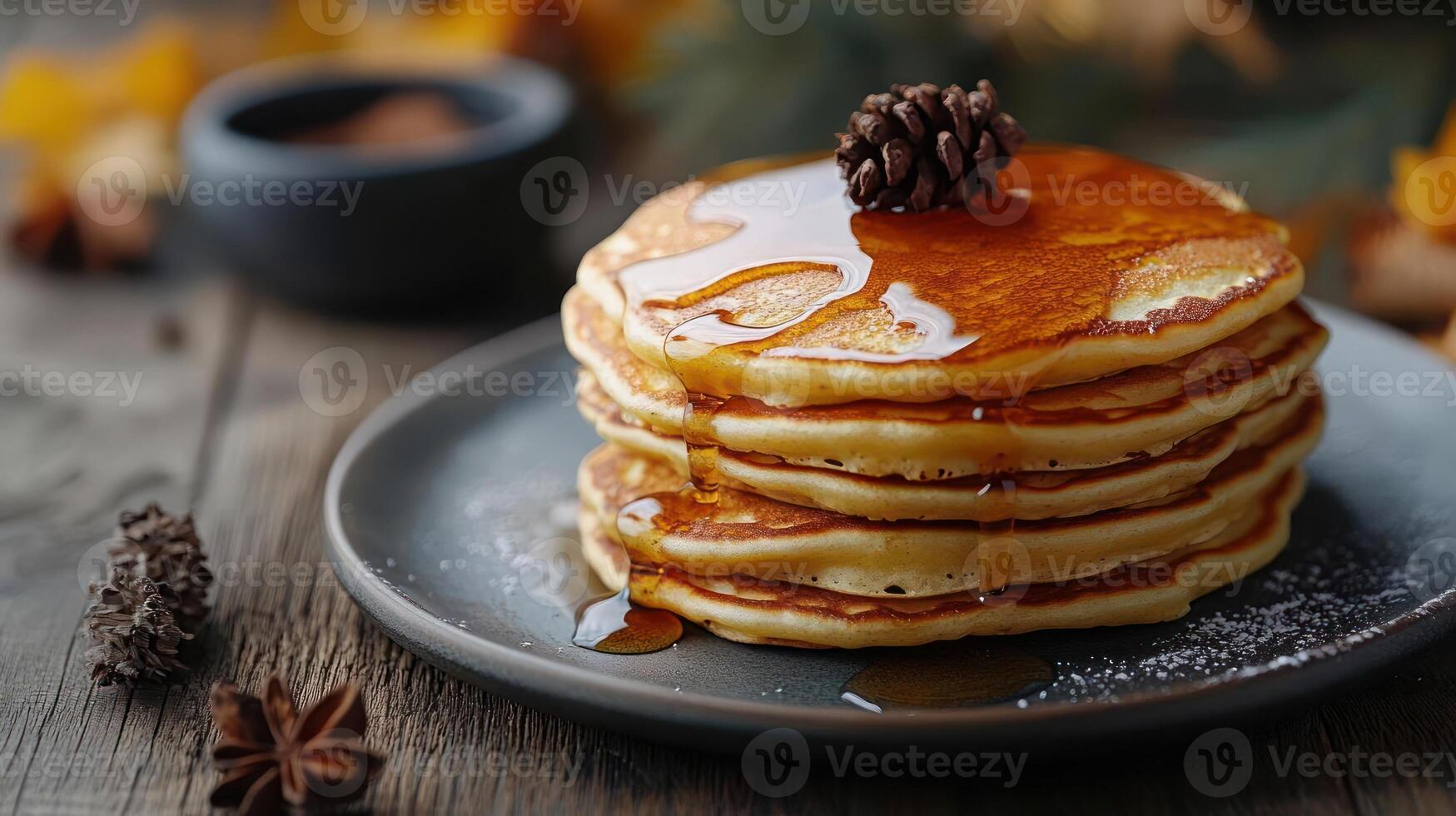 Stack of pancakes with syrup and pinecone on a plate. photo
