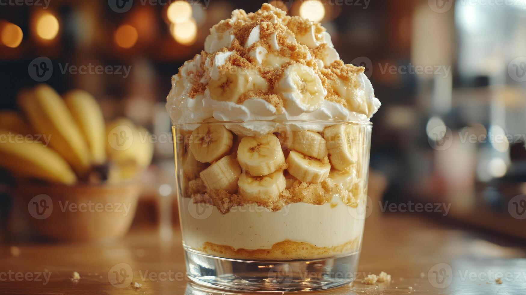 Layered banana pudding dessert in a glass. photo