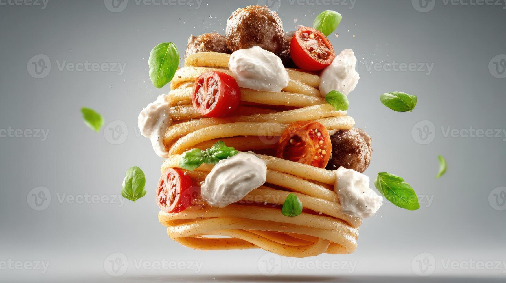 Floating spaghetti with meatballs, tomato, and basil. photo
