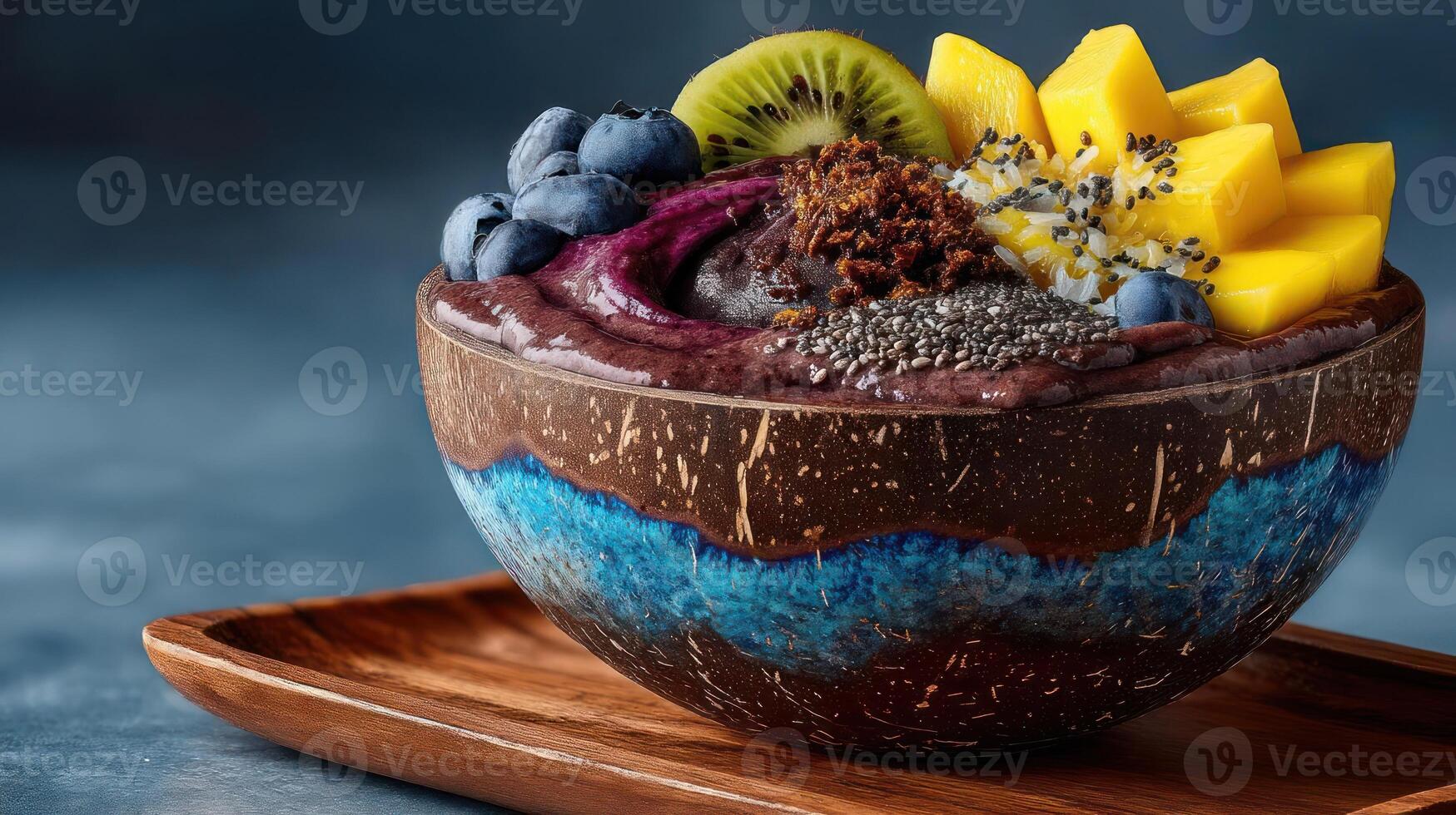 Tropical fruit bowl with coconut shell, vibrant colors, healthy breakfast photo
