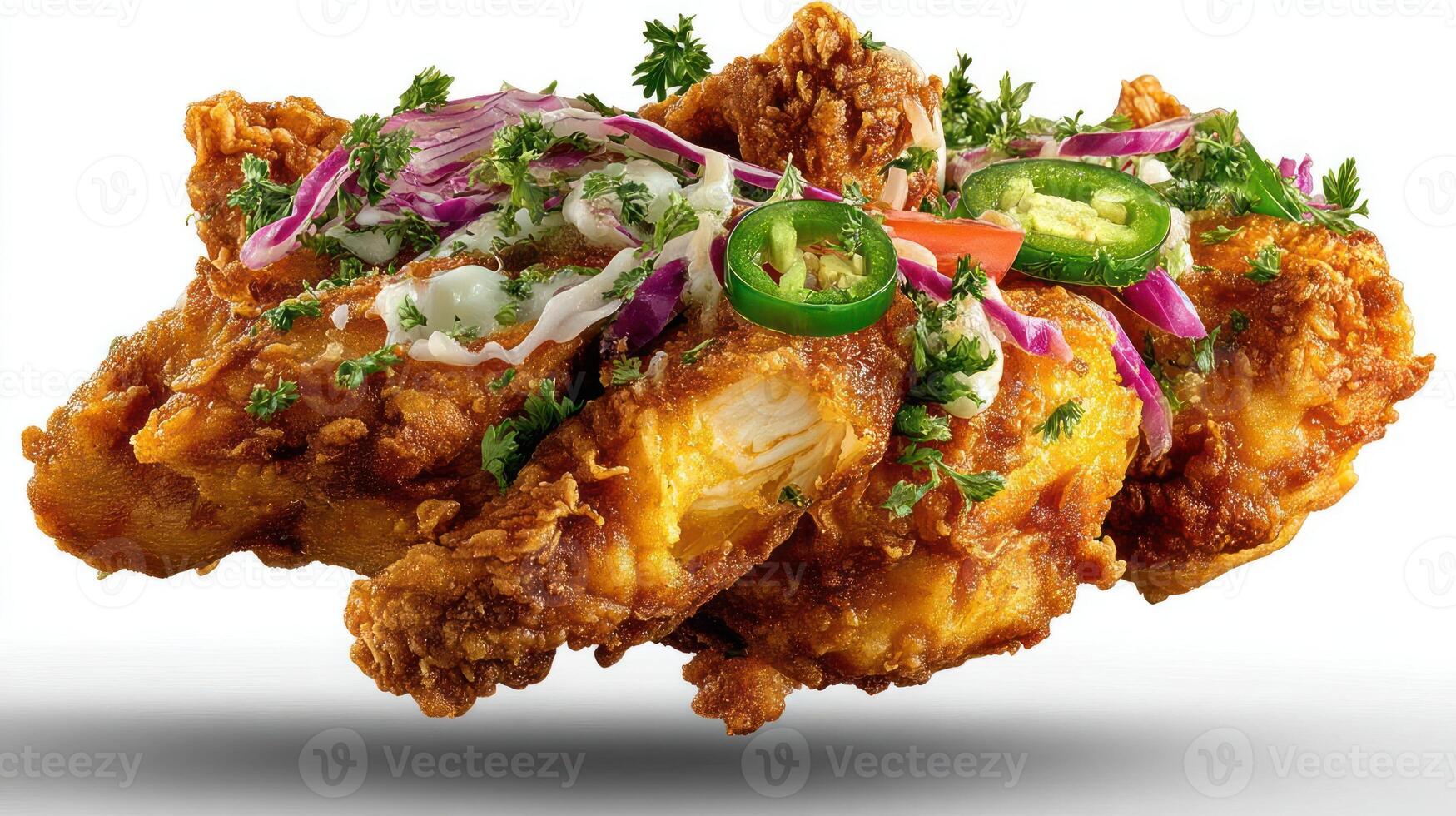 Spicy fried chicken with herbs and red onions. photo