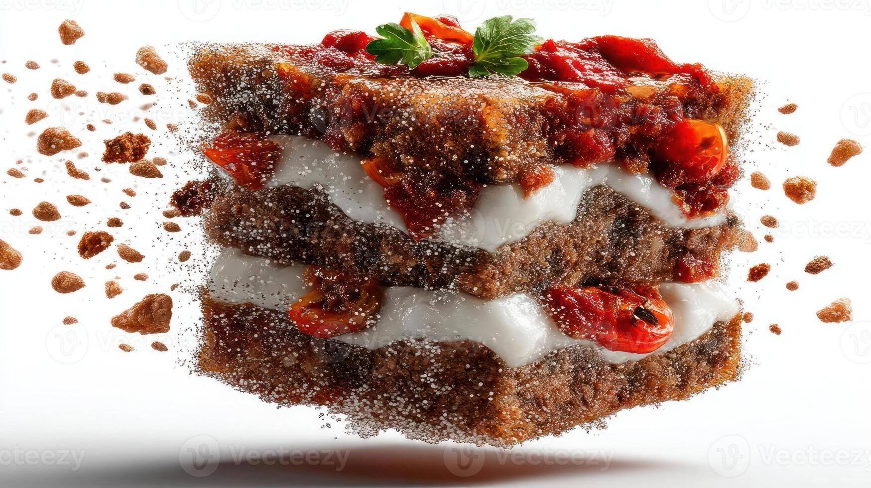 Deconstructed cake with cream and berries, suspended in mid-air. photo