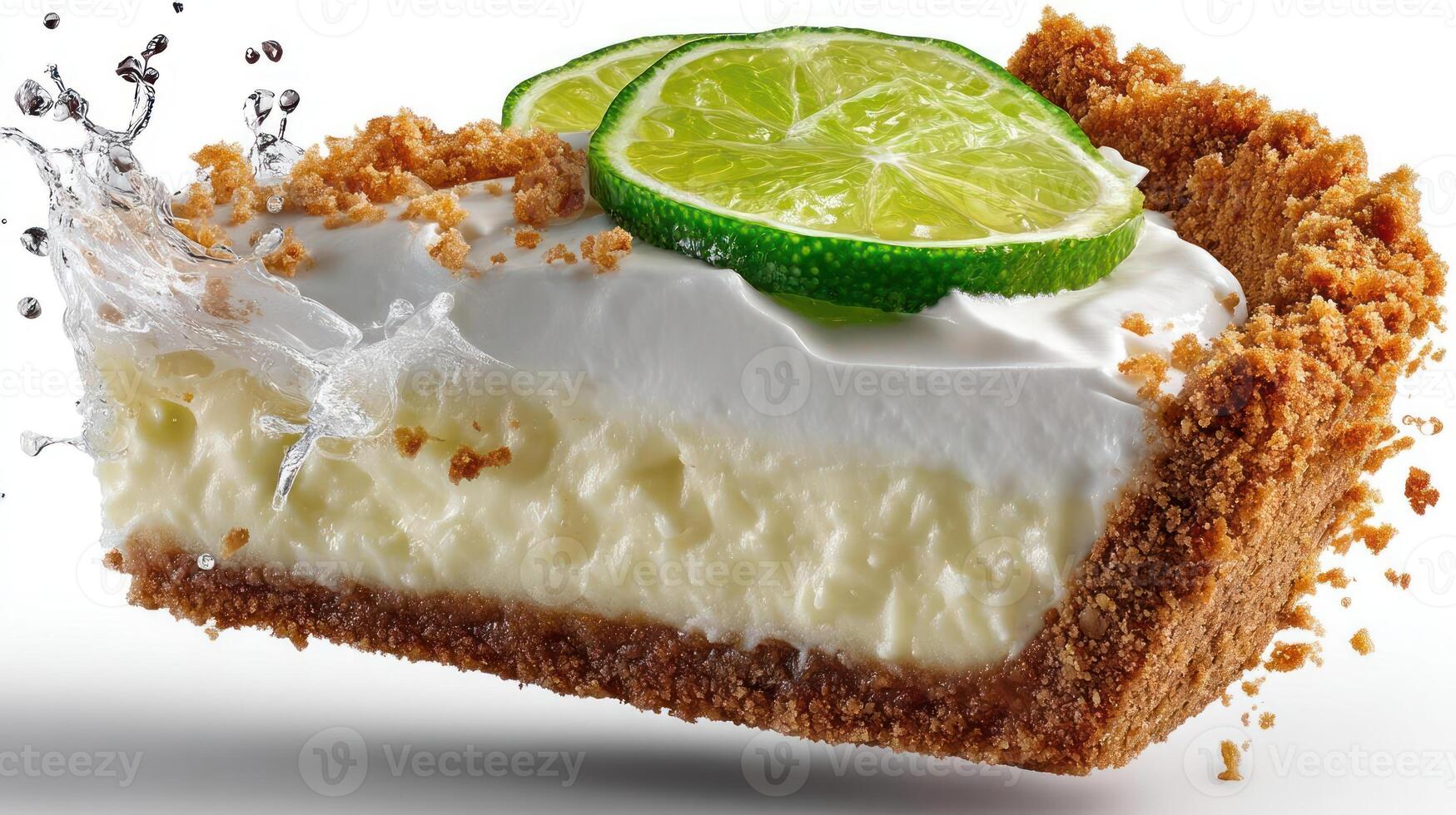 Key lime pie slice with vibrant green lime garnish. photo