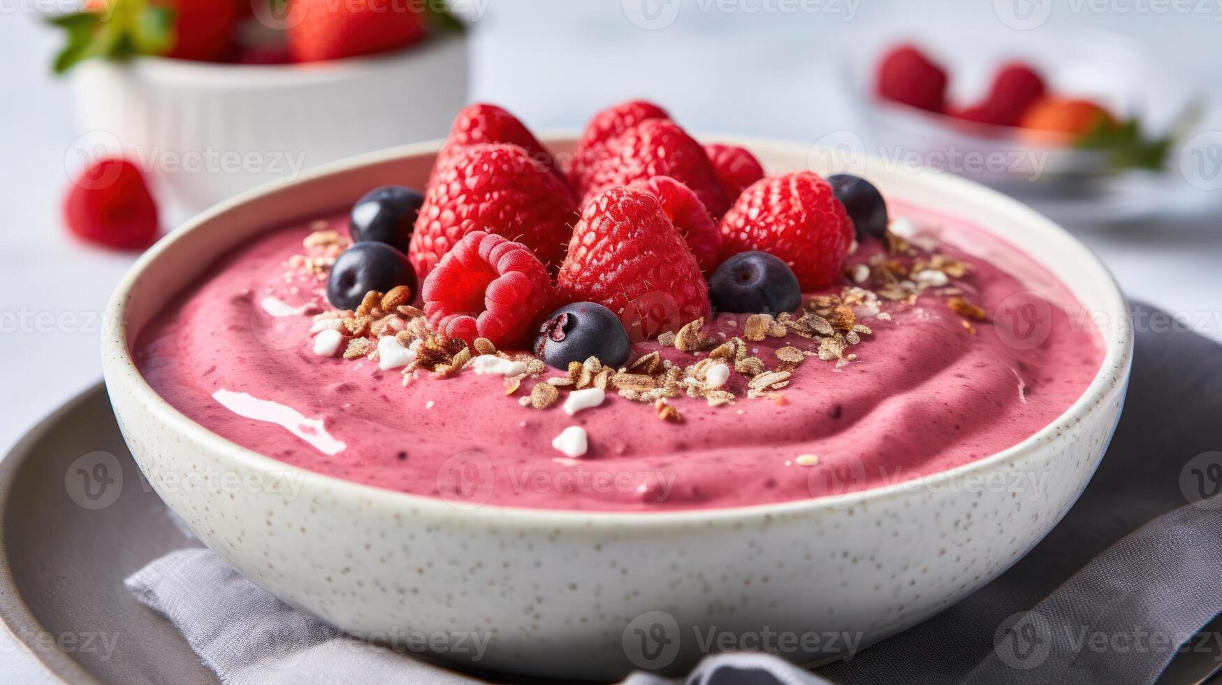 Berry smoothie bowl with fresh raspberries and coconut flakes. photo