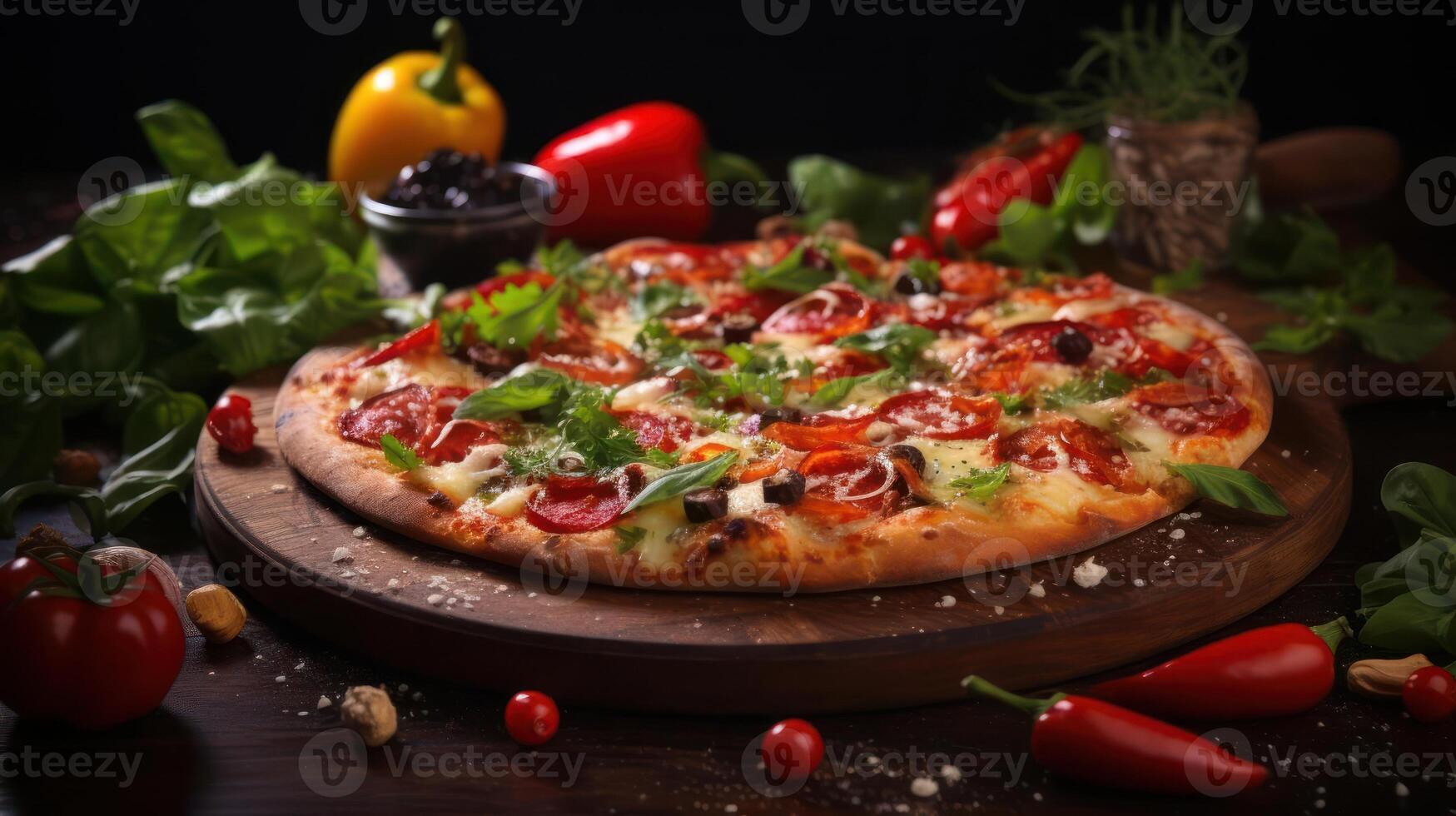 Delicious pepperoni pizza on a wooden board with fresh ingredients. photo