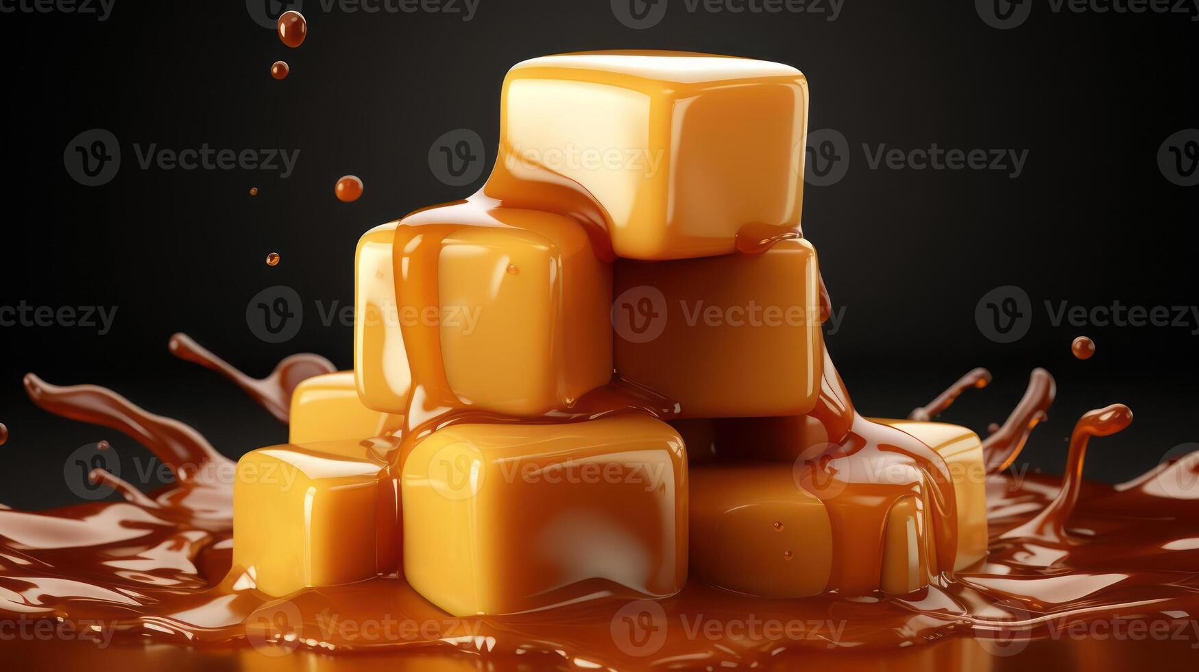 Stacked caramel squares submerged in flowing caramel sauce. photo