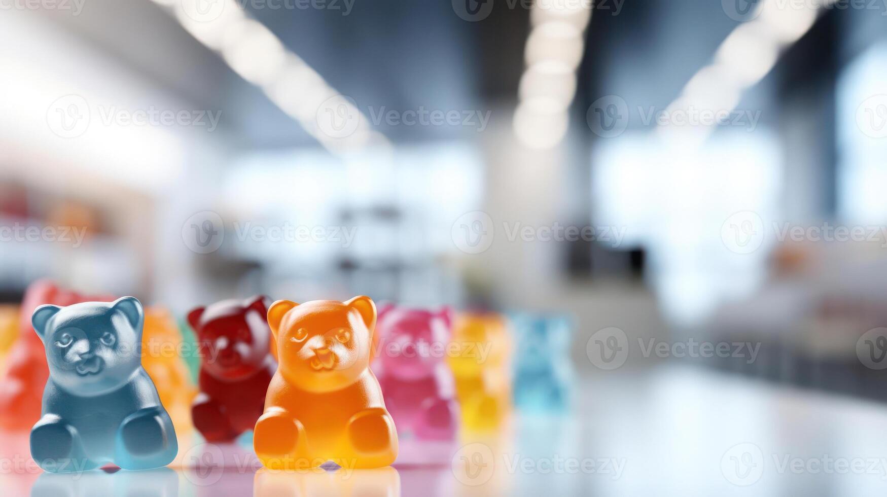 Colorful gummy bears lined up in a row. photo