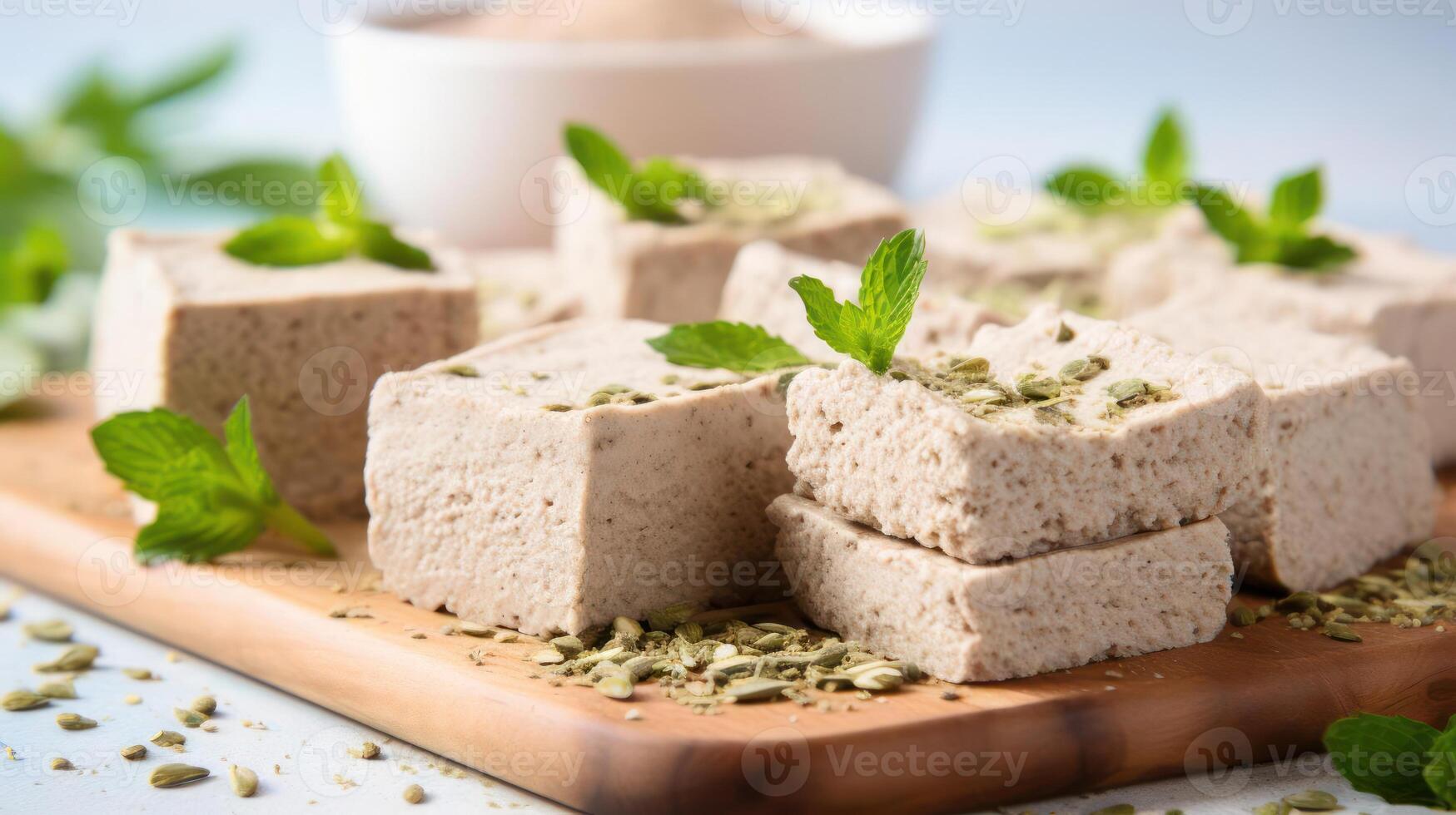 Halva squares with mint and sesame seeds on a wooden board. photo