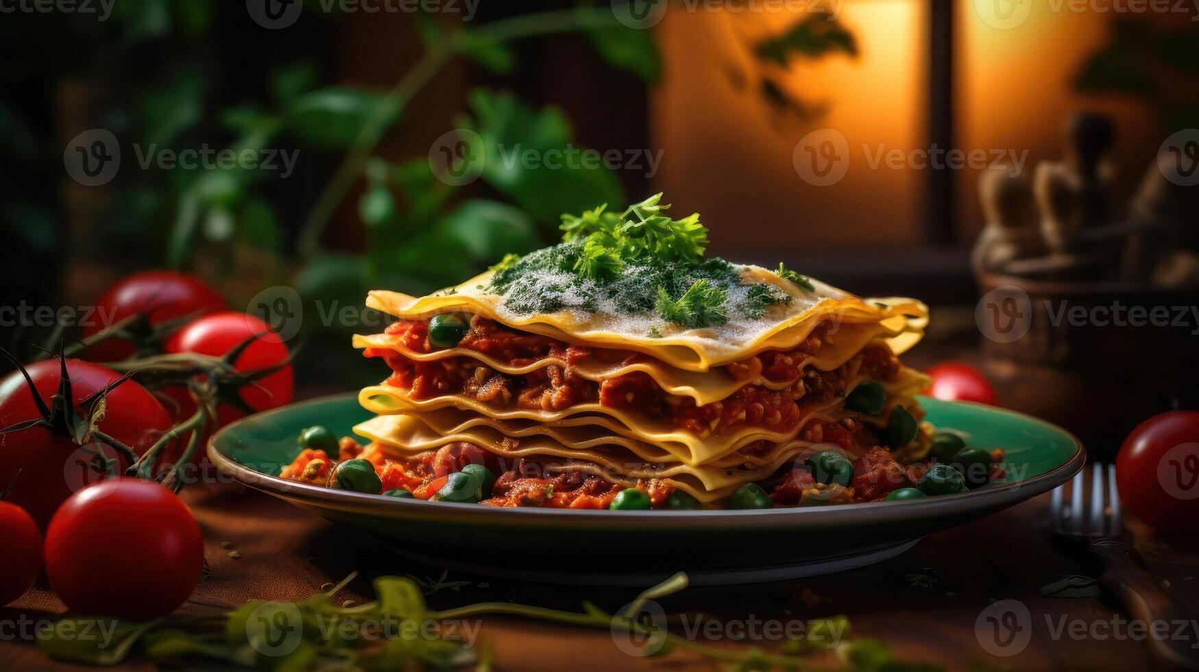 Delicious layered lasagna with fresh herbs and vibrant tomato garnish. photo