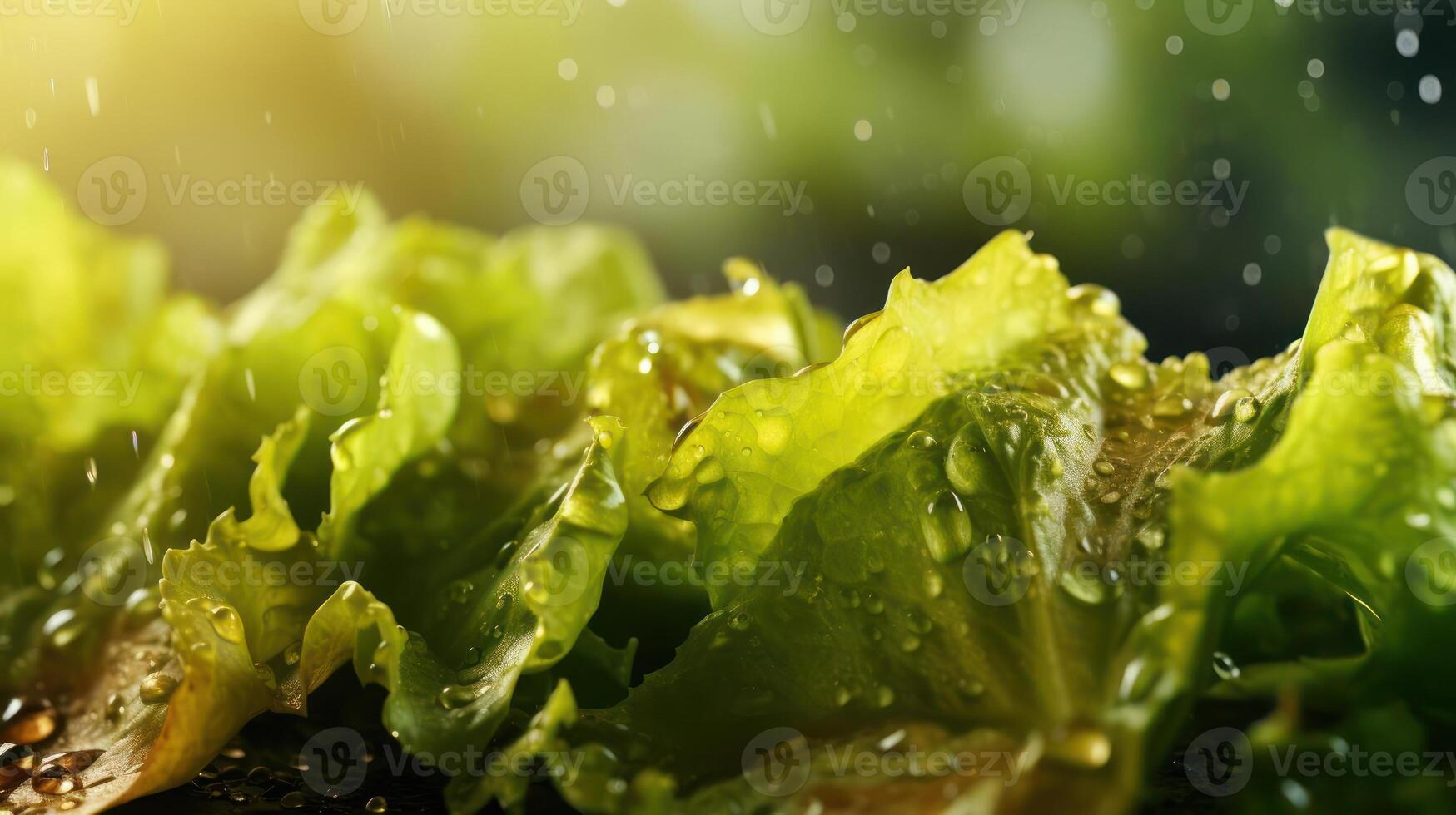 Fresh lettuce leaves with water droplets, vibrant green, close-up. photo