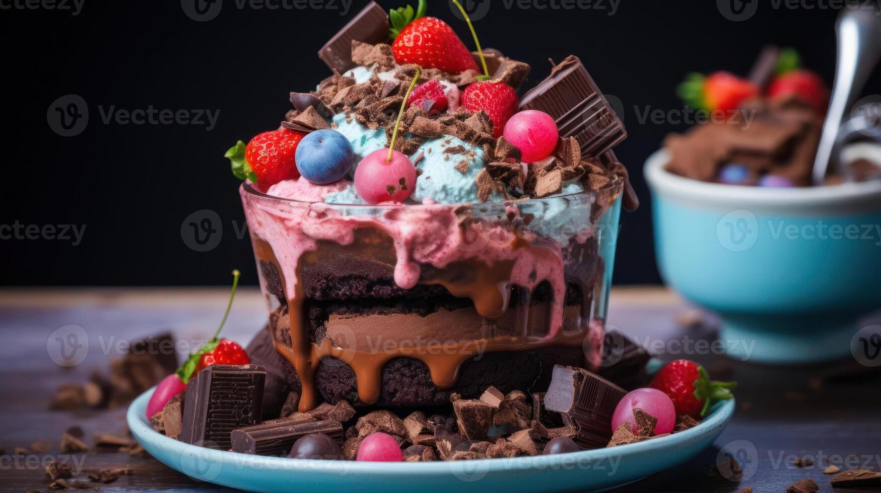 Decadent chocolate dessert with berries and chocolate shavings. photo