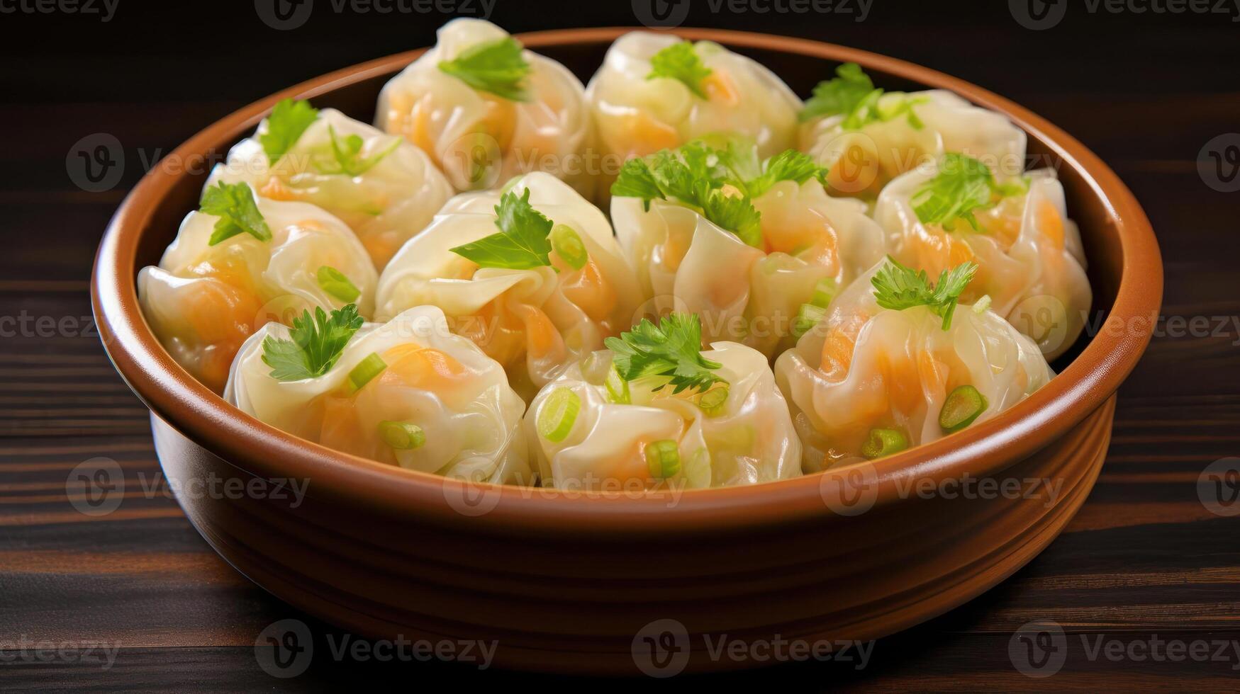 Steaming hot shrimp dumplings in a ceramic bowl. photo
