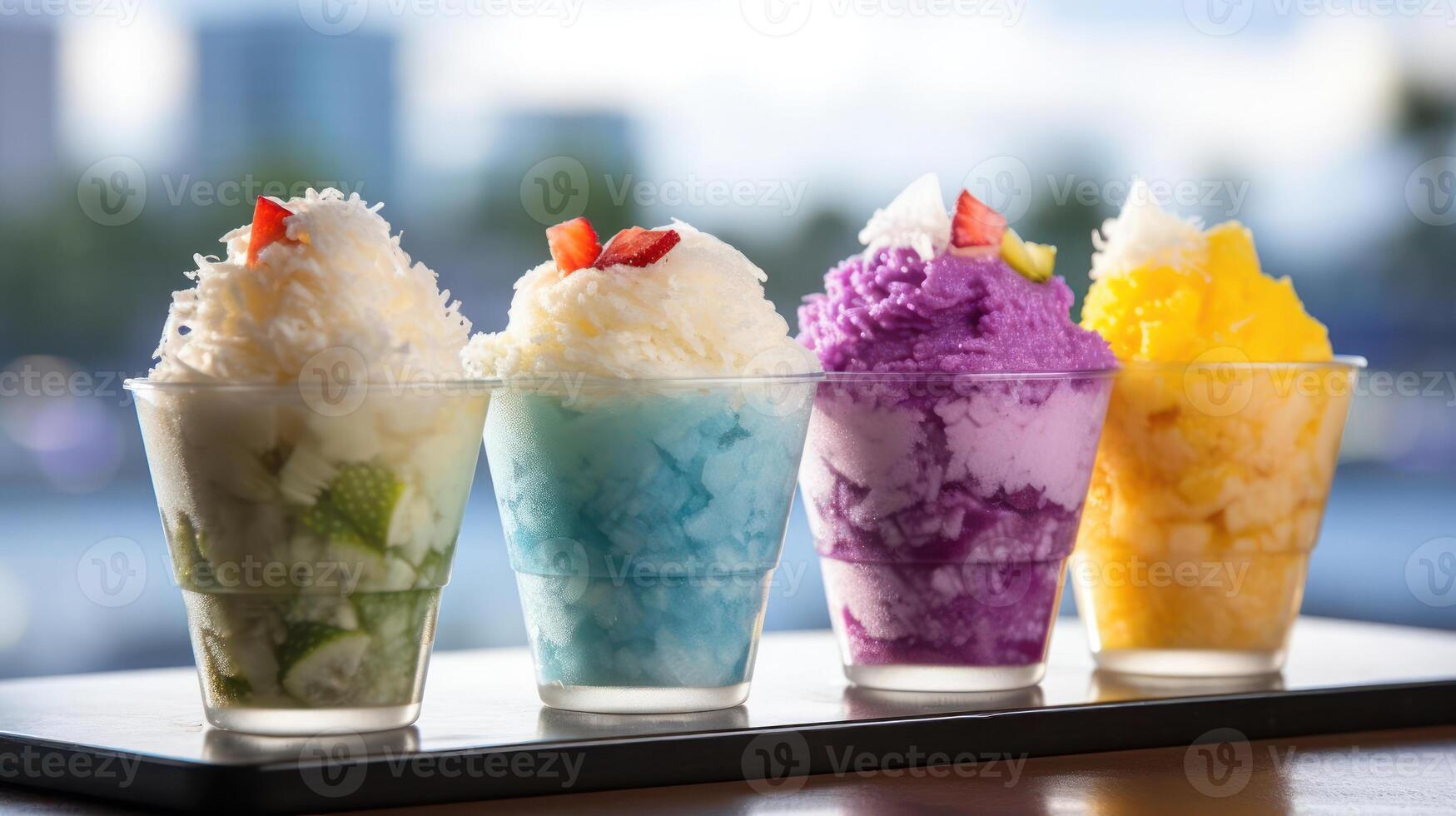 Vibrant shaved ice desserts in a row. photo