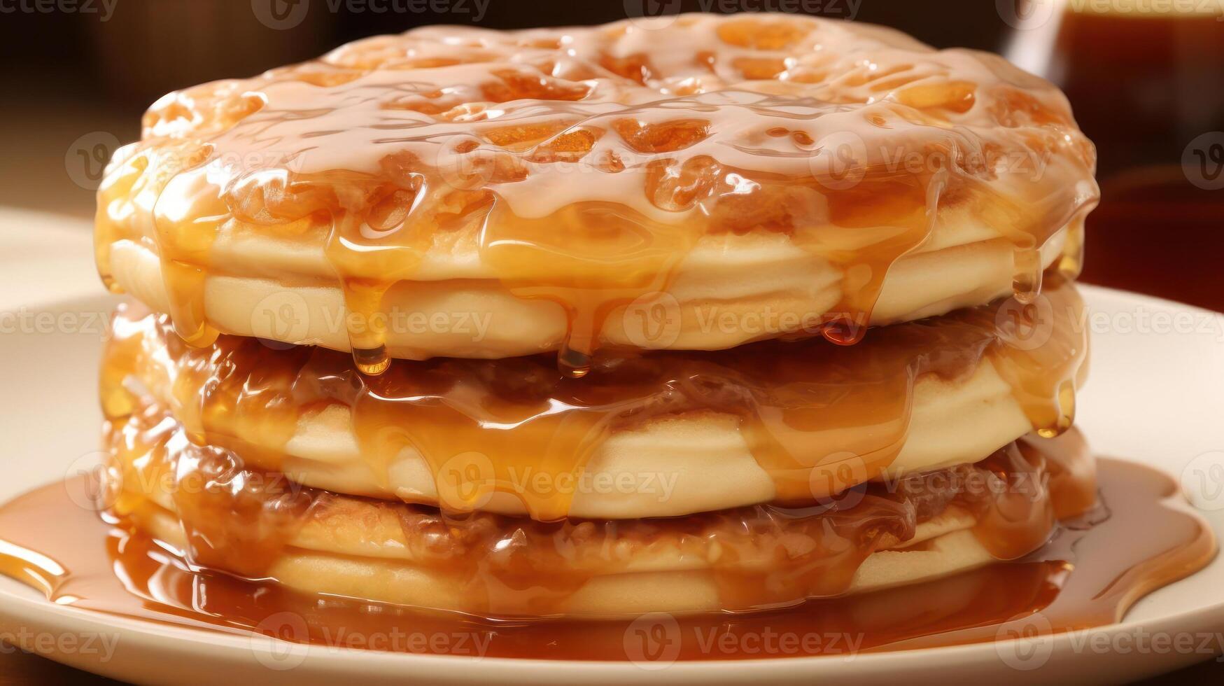 A stack of pancakes with caramel syrup on top photo