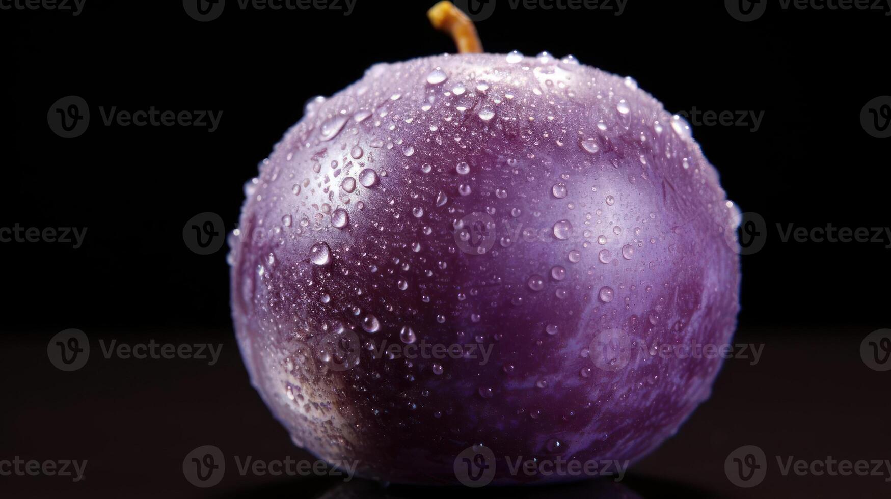 Close-up of a juicy, purple plum with water droplets. photo