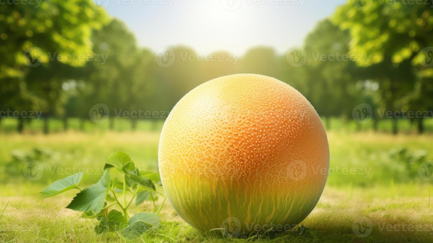 Ripe cantaloupe melon sits in lush green grass. photo