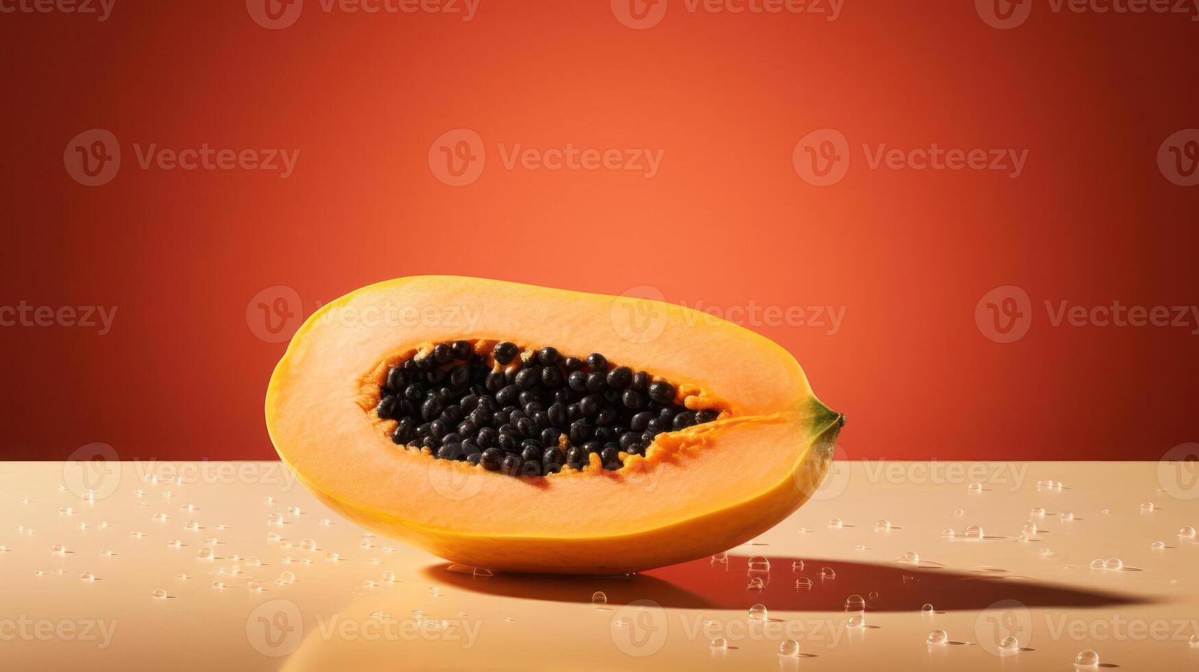 Sliced papaya with black seeds on a vibrant background. photo