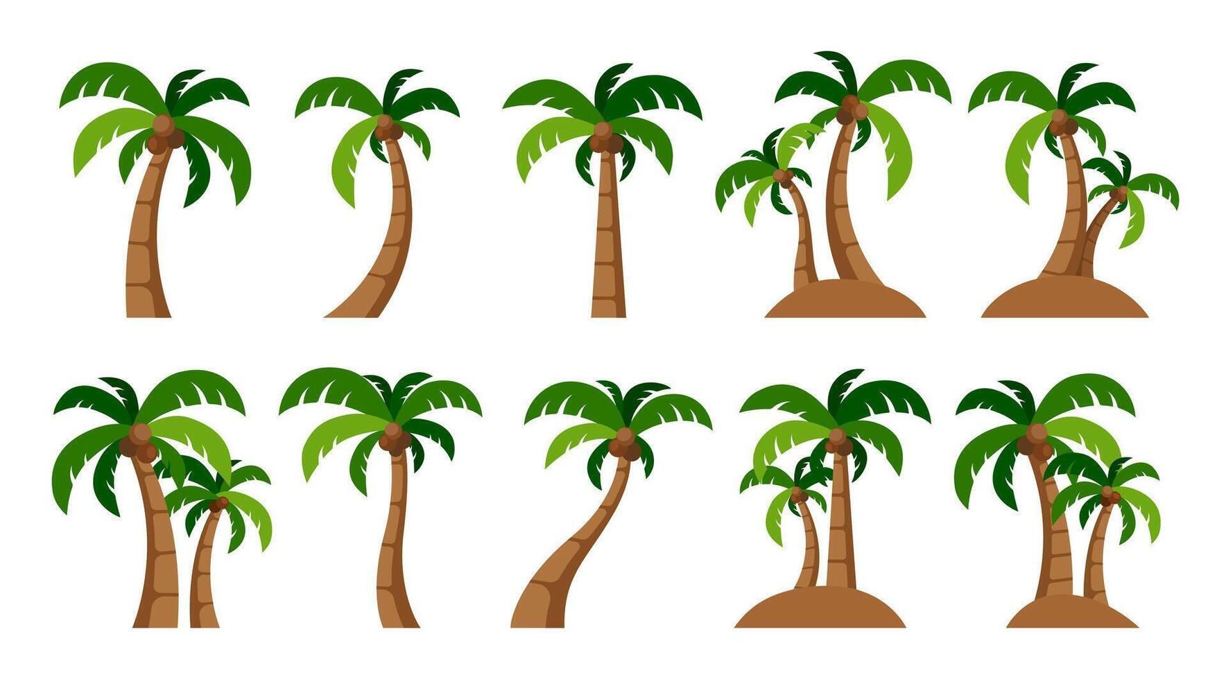 Coconut Trees illustration design collection, Tropical, Summer beach and Hawaii graphic elements for decoration in Flat Style, Cartoon Clip art, Isolated Trees pictogram on White background. vector