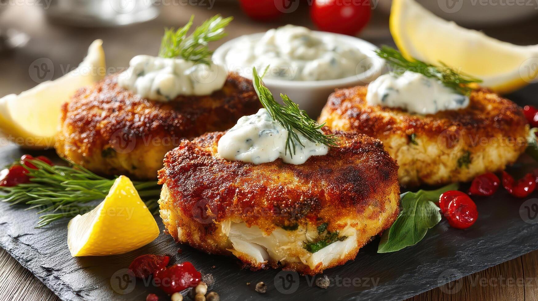 Delicious crab cakes with lemon and dill sauce. photo