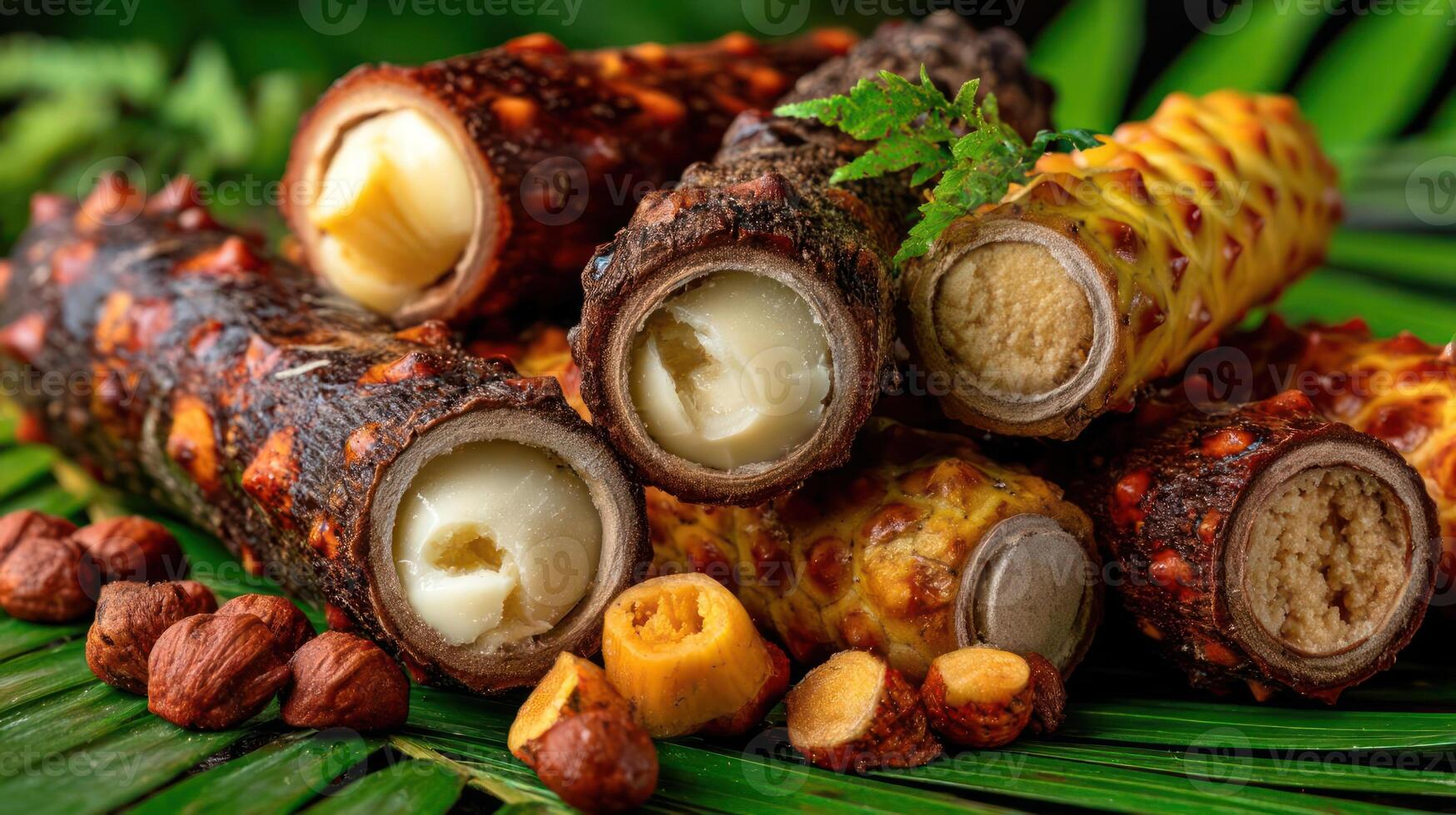 Chocolate truffles with hazelnut filling, presented on palm leaves. photo