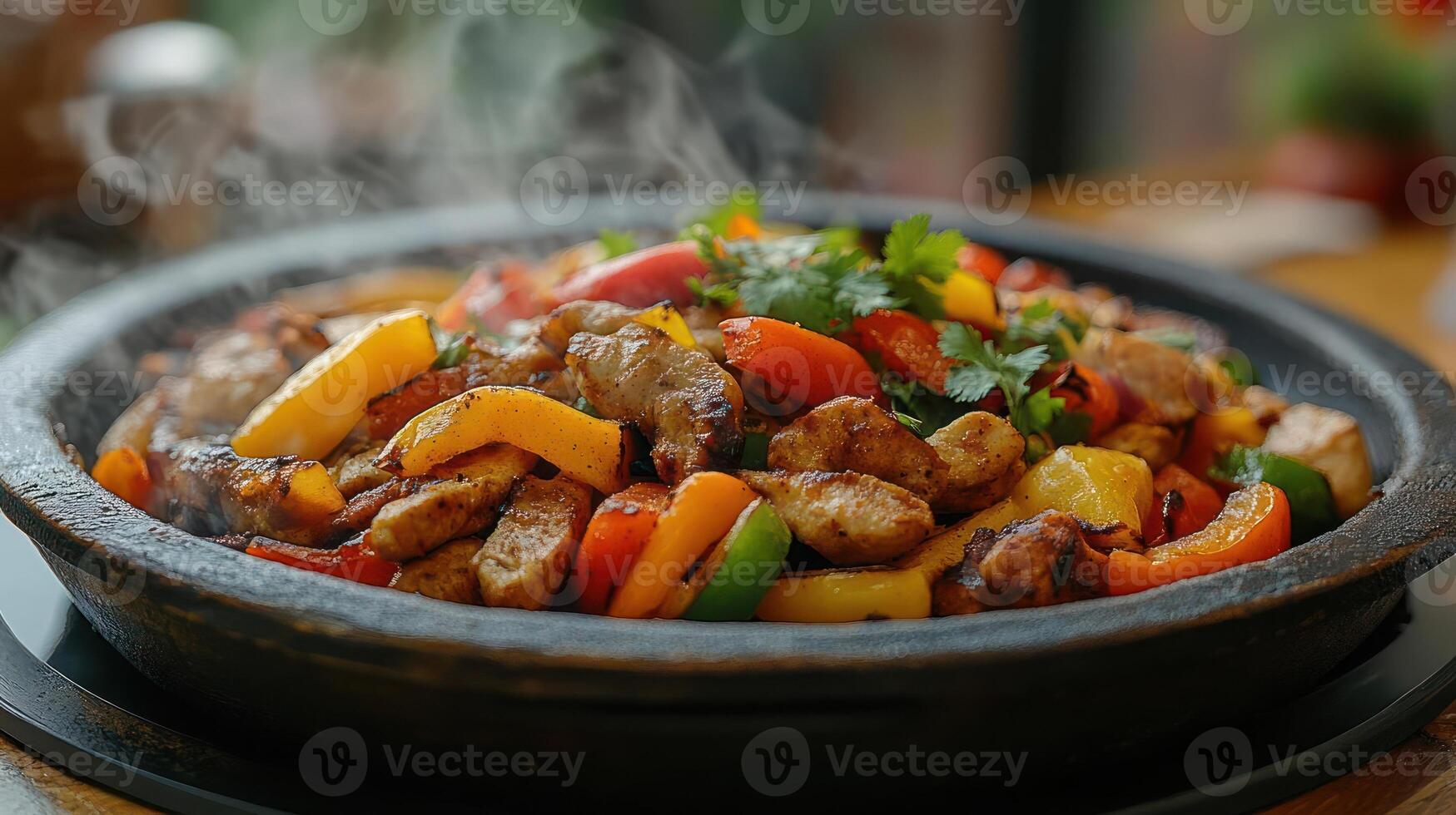 Spiced meat with peppers and herbs in a clay pot. photo