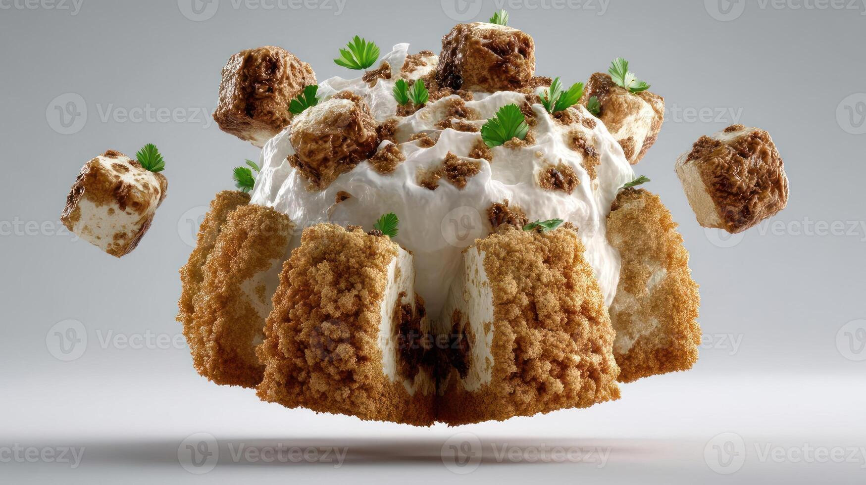 Deconstructed dessert with cream and crumble, floating in air. photo