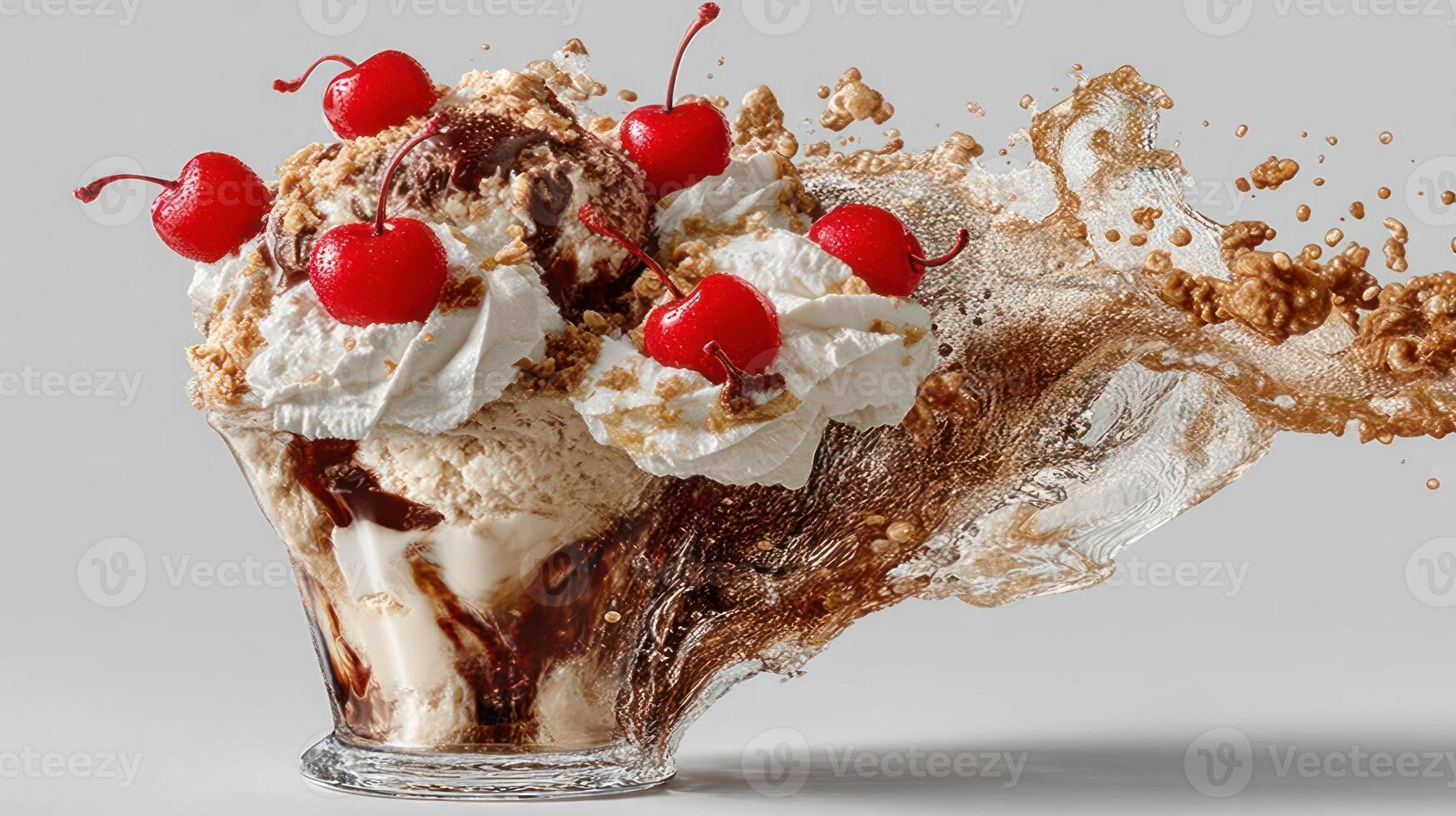 Ice cream sundae with a dramatic chocolate sauce splash. photo