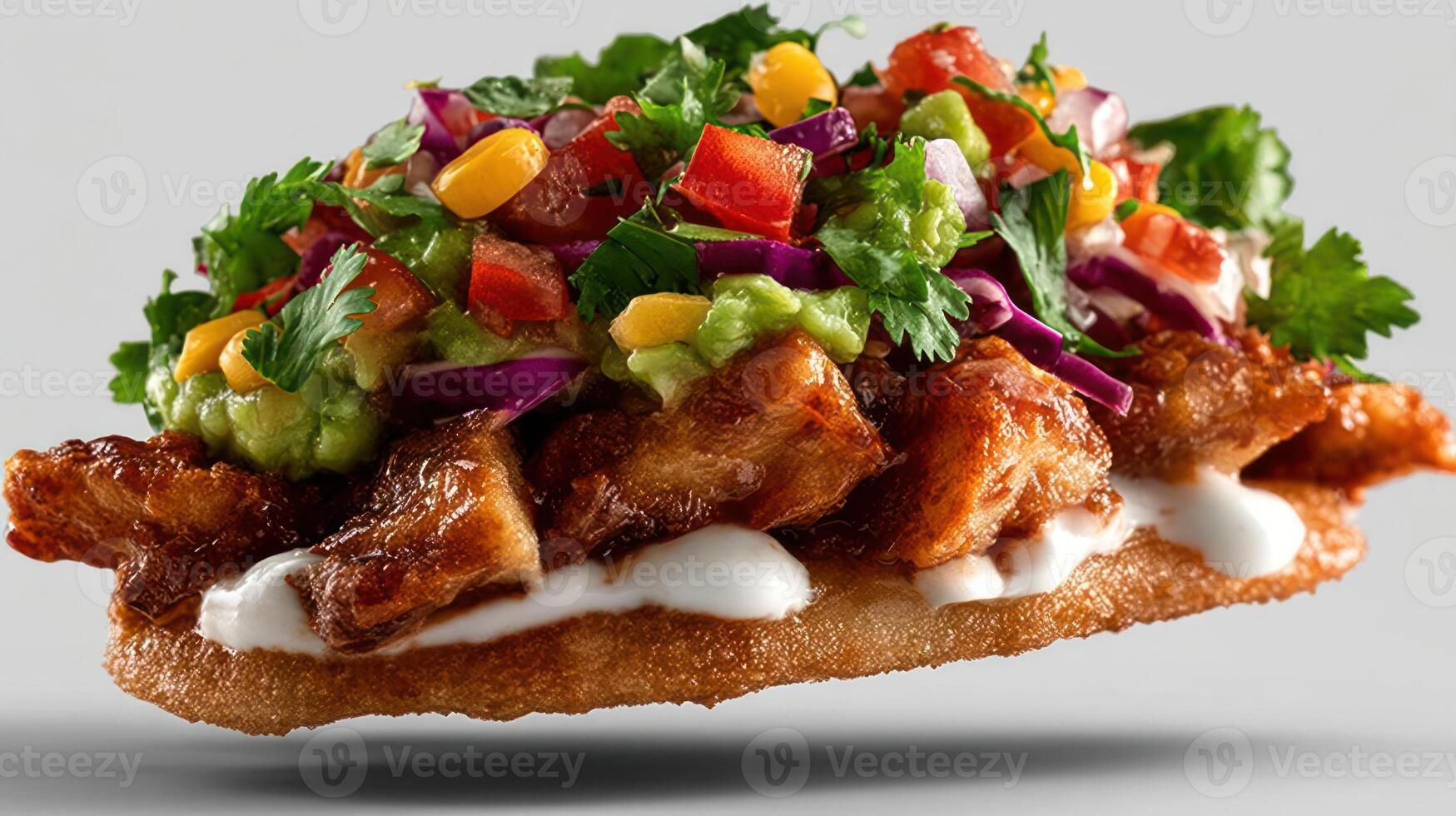 Crispy fish taco with vibrant salsa and creamy sauce. photo