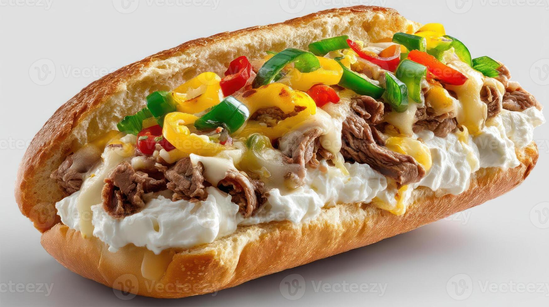 Philly cheesesteak sandwich with peppers and cheese. photo
