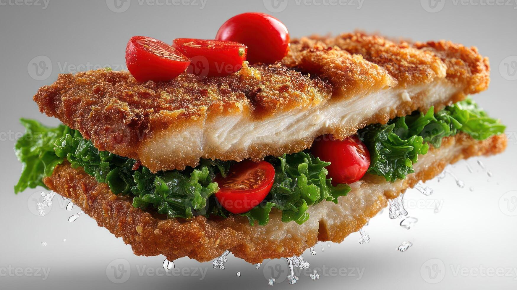 Delicious crispy fish sandwich with fresh tomatoes and lettuce. photo